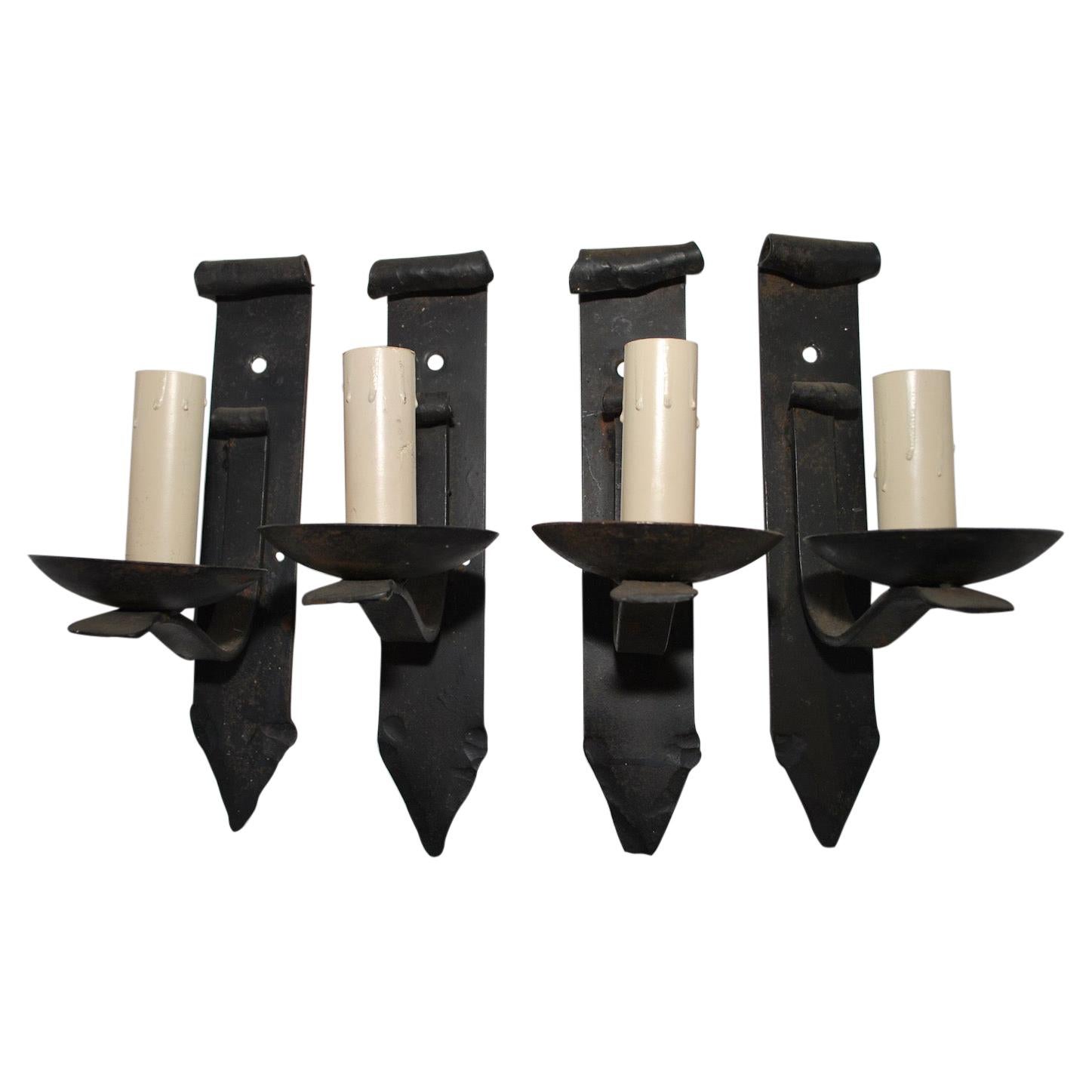 Elegant Set of Four 1930s French Hands Made Wrought Iron Sconces