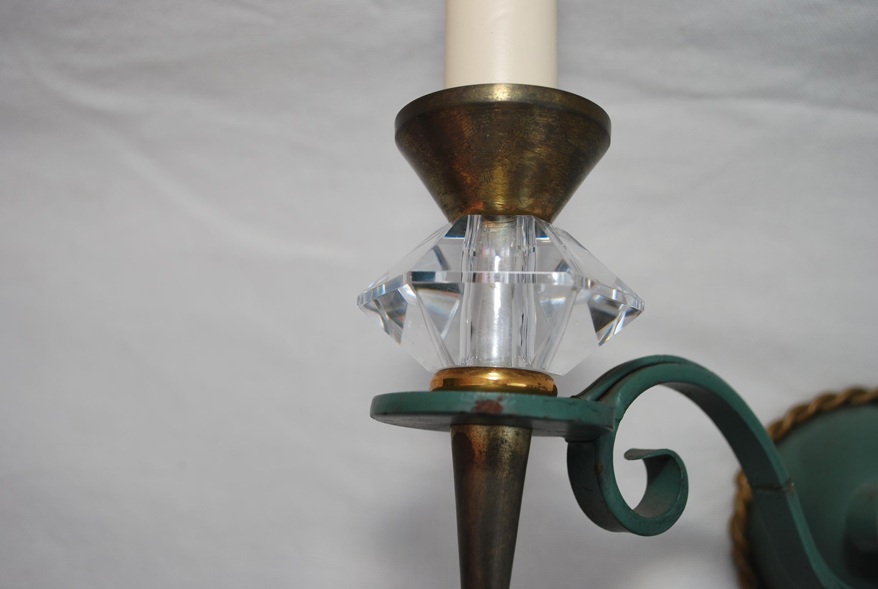 Elegant set of four iron/crytal sconces design by Jules Leleu In Good Condition For Sale In Los Angeles, CA