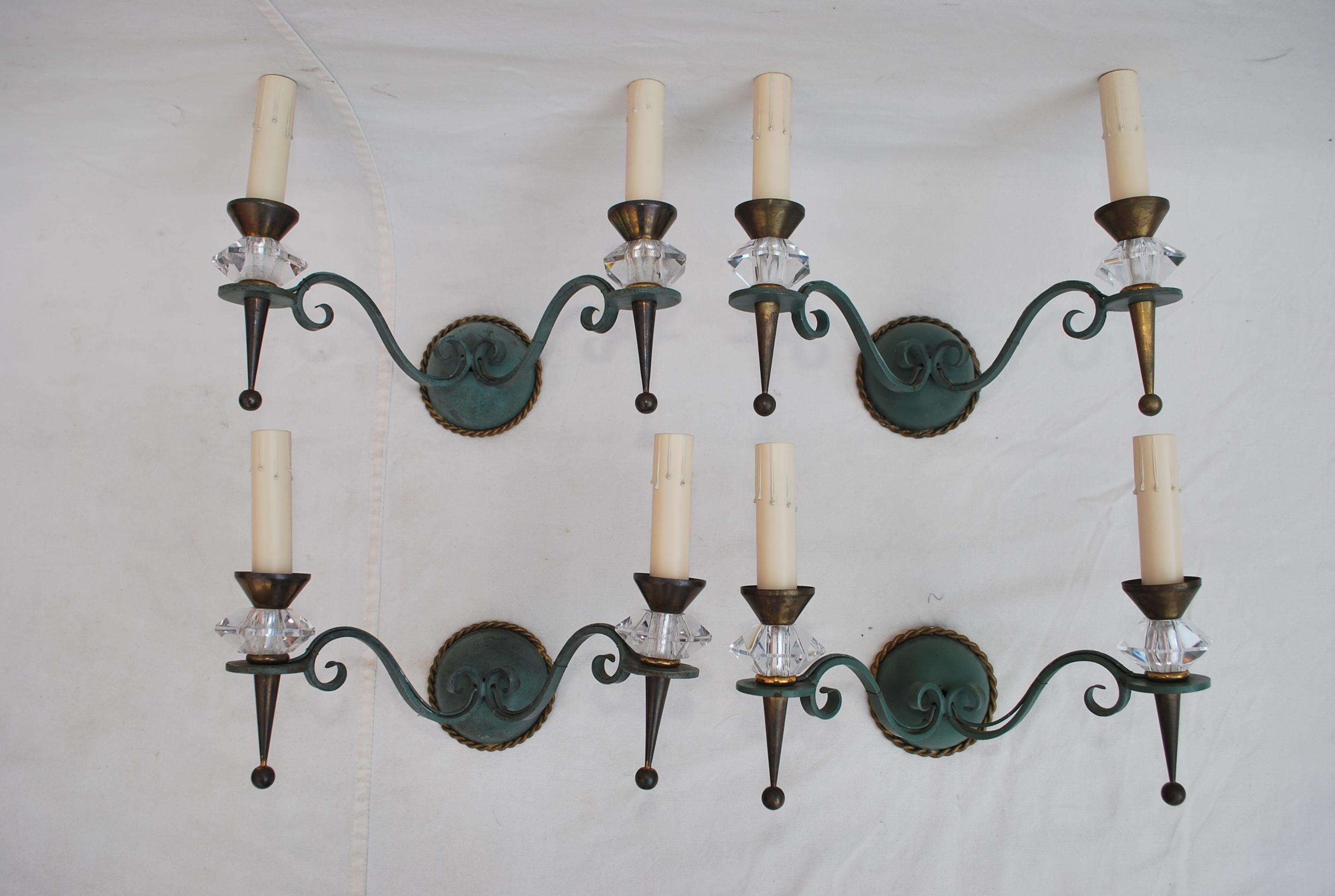 Elegant set of four iron/crytal sconces design by Jules Leleu For Sale 2