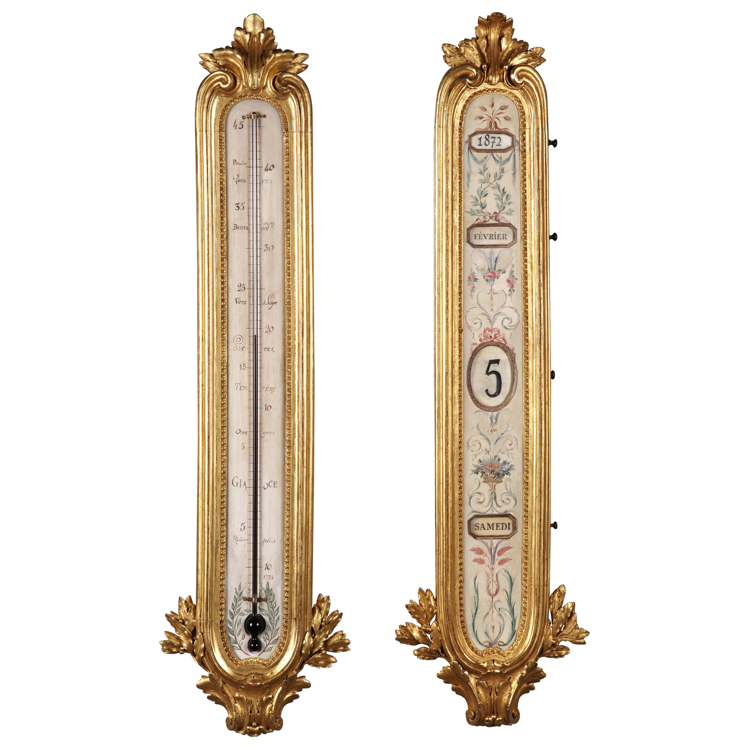 Thermometer aus vergoldetem Holz und Ewiger Kalender, F.Linke zugeschrieben, Frankreich, um 1880 im Angebot