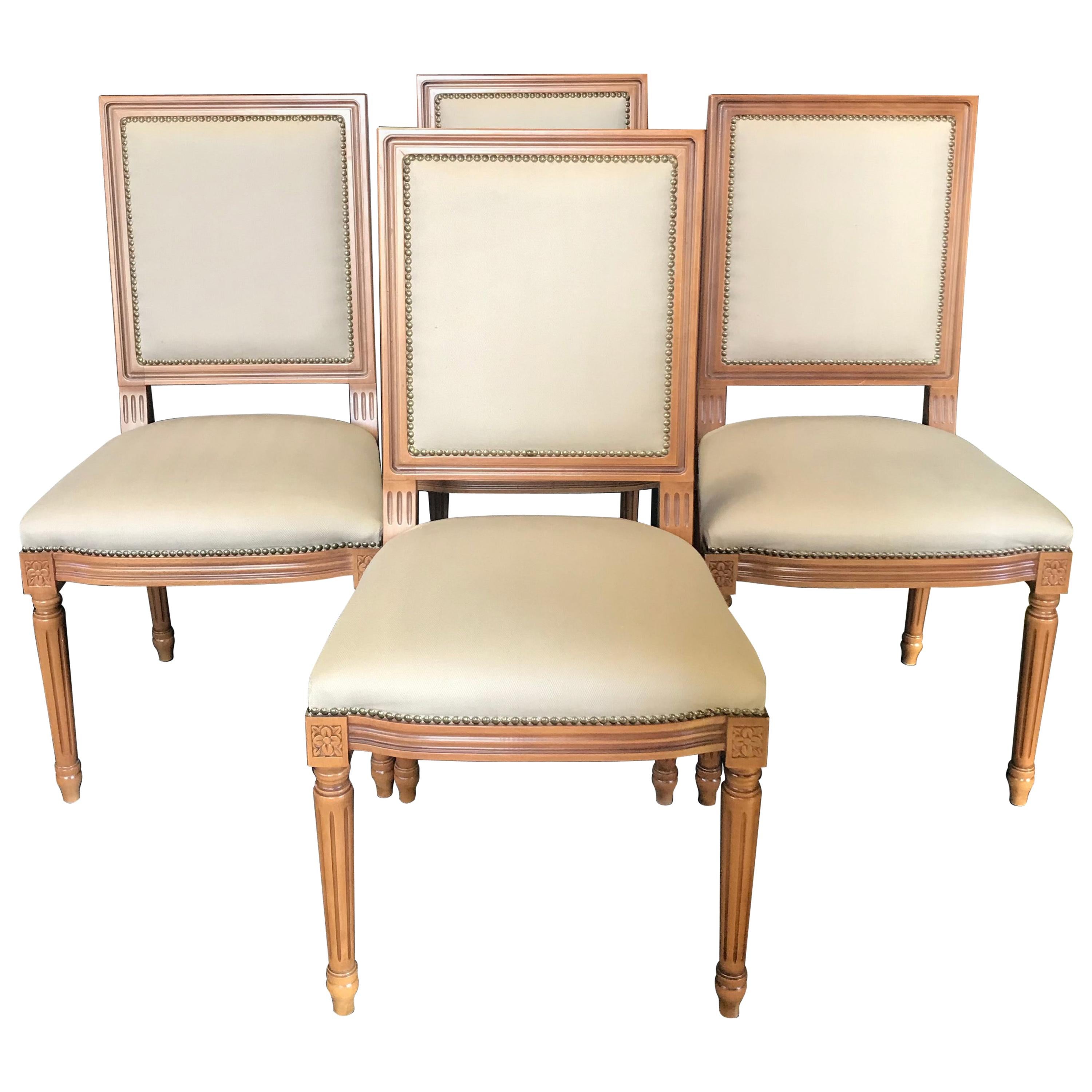 Elegant Set of Louis XVI Style Walnut and Upholstered Dining Chairs