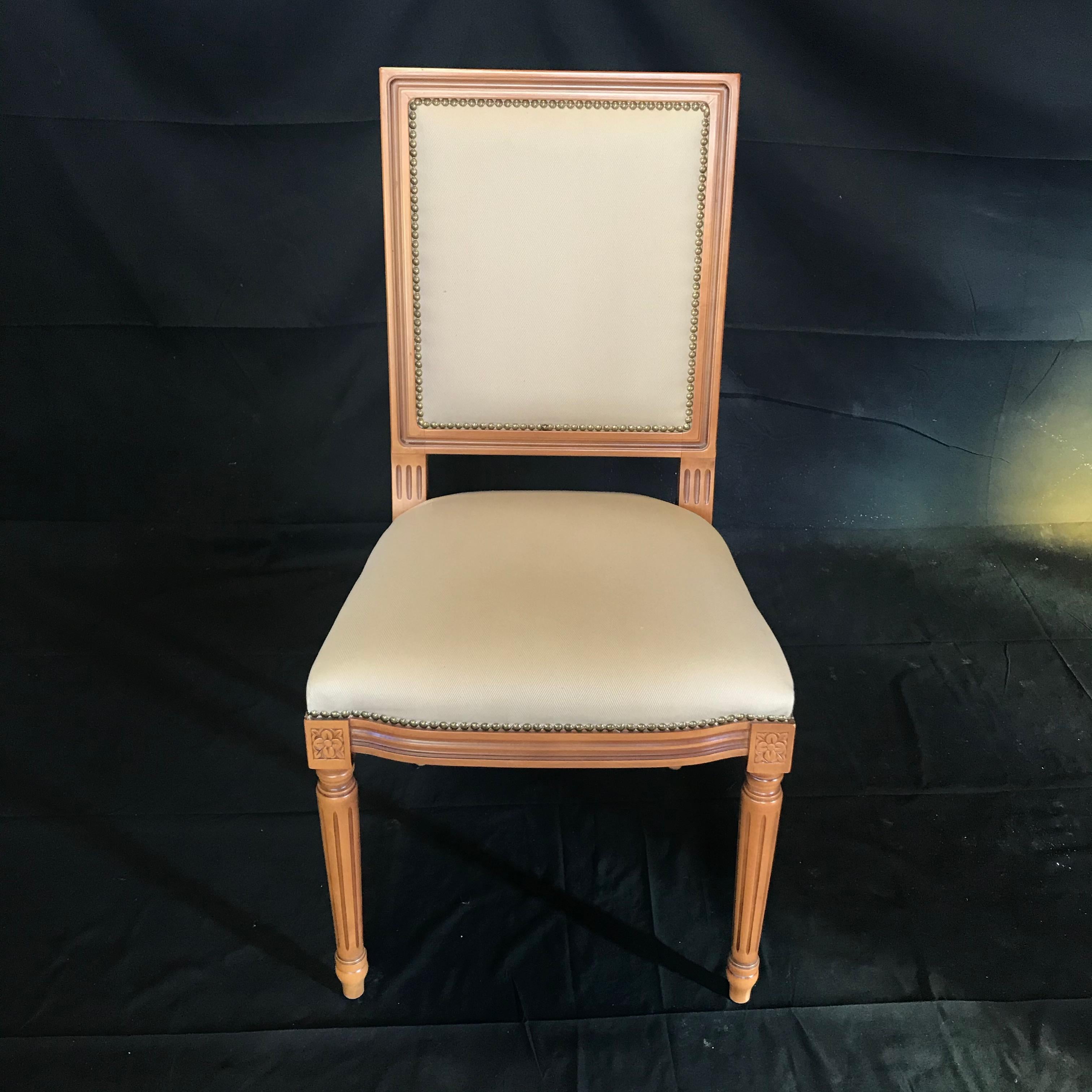 Elegant Set of Louis XVI Style Walnut and Upholstered Dining Chairs 4