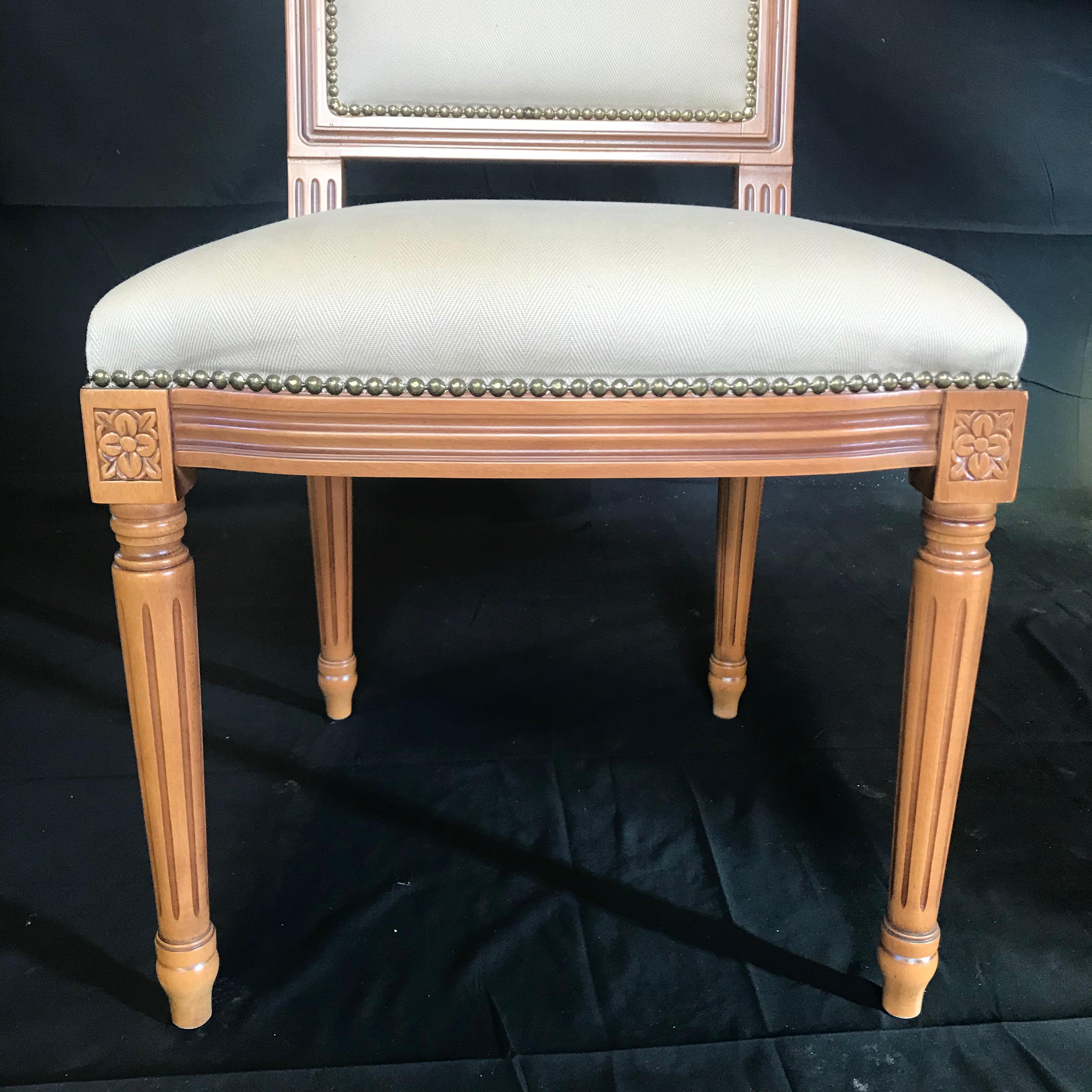 Elegant Set of Louis XVI Style Walnut and Upholstered Dining Chairs In Good Condition In Hopewell, NJ