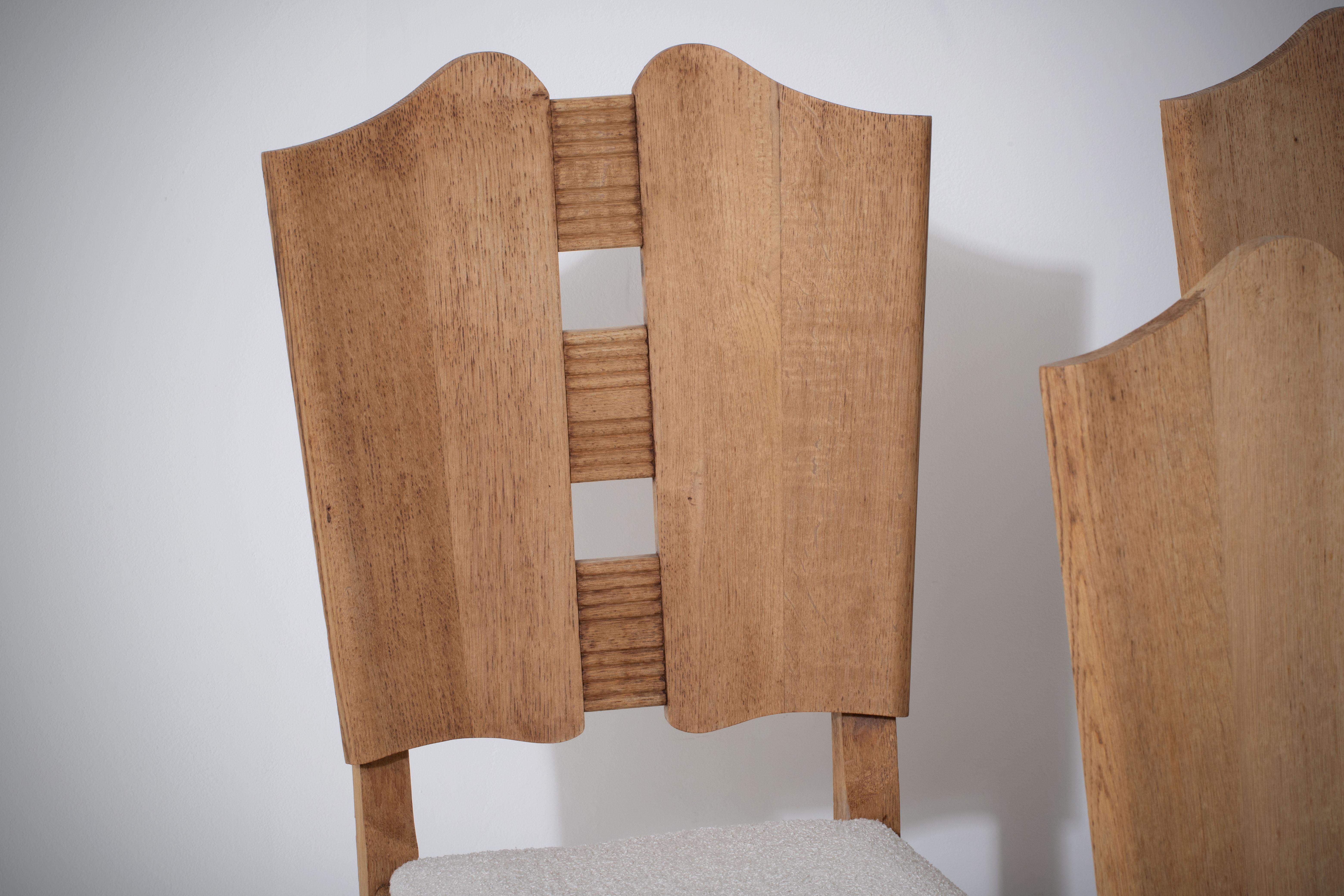Elegant Set of Six French Art Deco Oak Chairs, 1940s, Graceful Curves & Bouclé 6