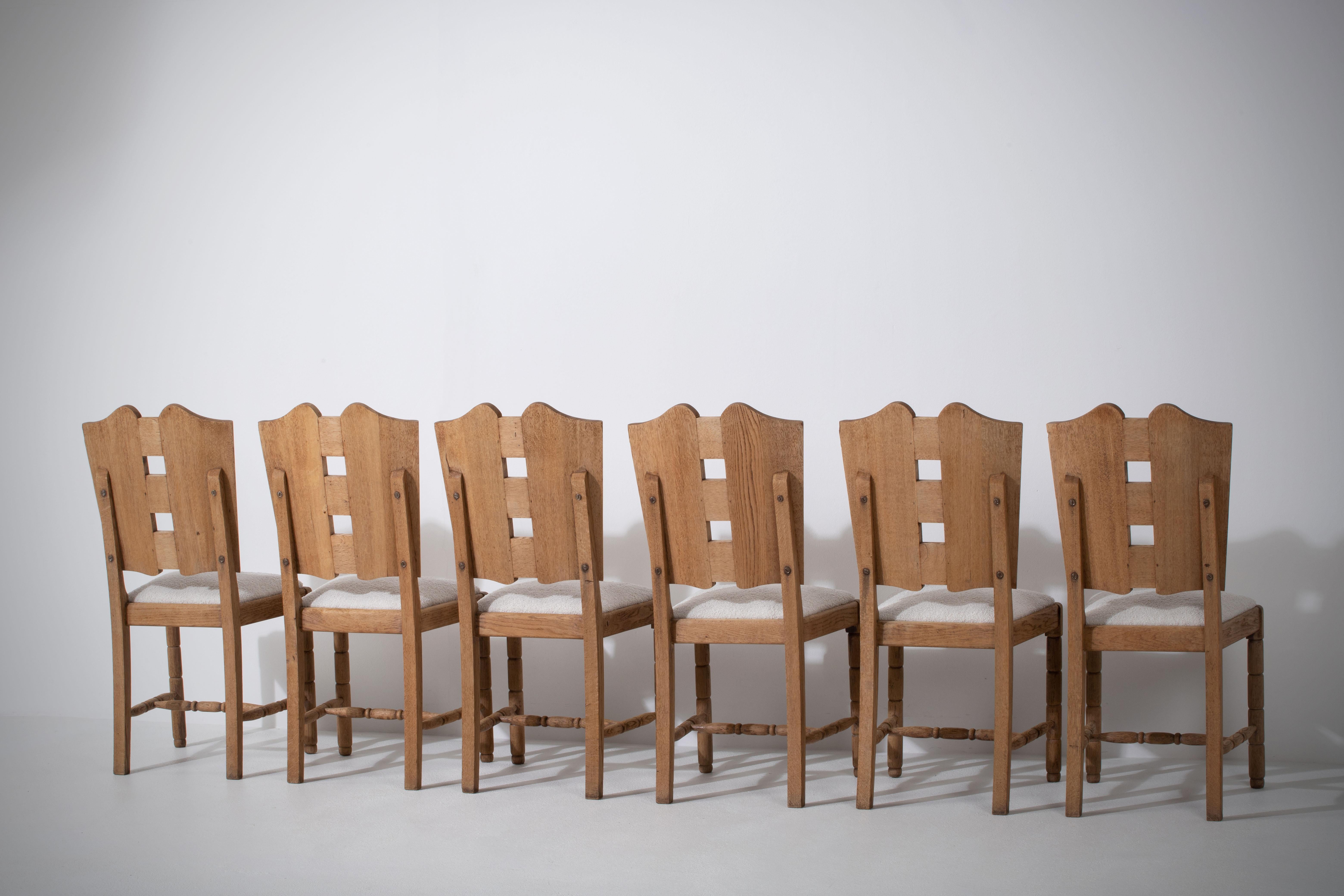 Elegant Set of Six French Art Deco Oak Chairs, 1940s, Graceful Curves & Bouclé 11