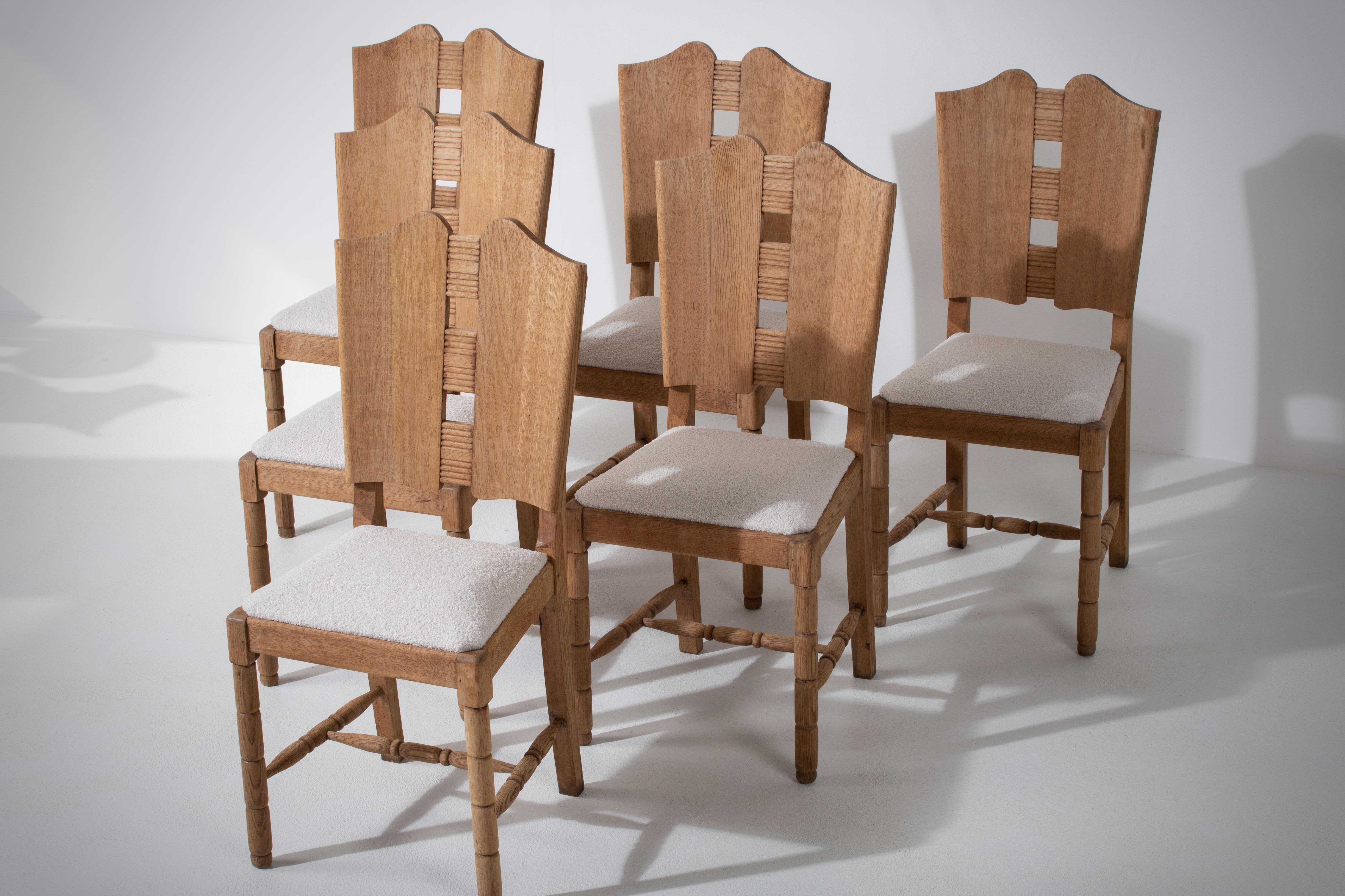 Mid-20th Century Elegant Set of Six French Art Deco Oak Chairs, 1940s, Graceful Curves & Bouclé