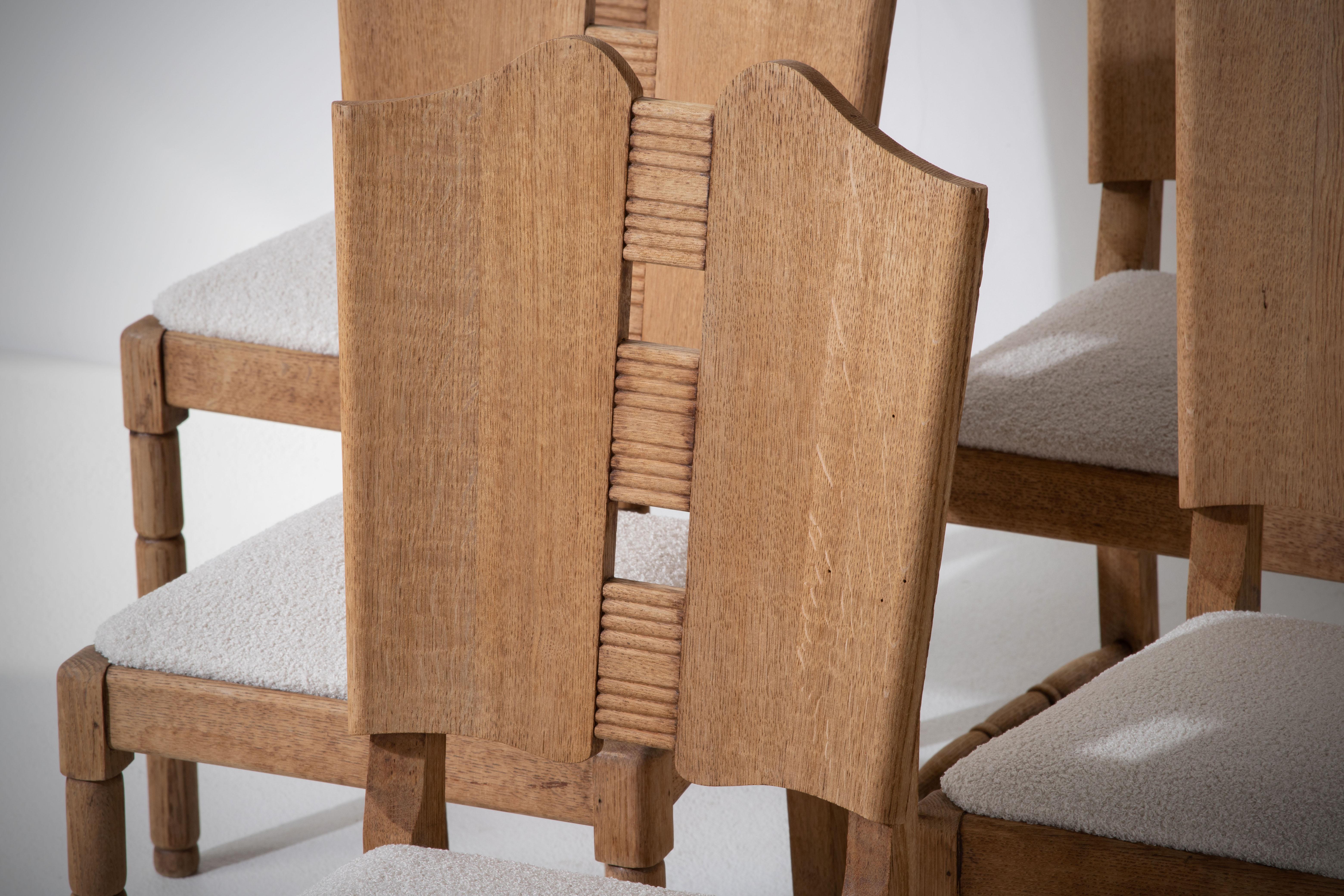 Elegant Set of Six French Art Deco Oak Chairs, 1940s, Graceful Curves & Bouclé 2