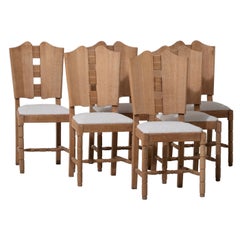 Elegant Set of Six French Art Deco Oak Chairs, 1940s, Graceful Curves & Bouclé