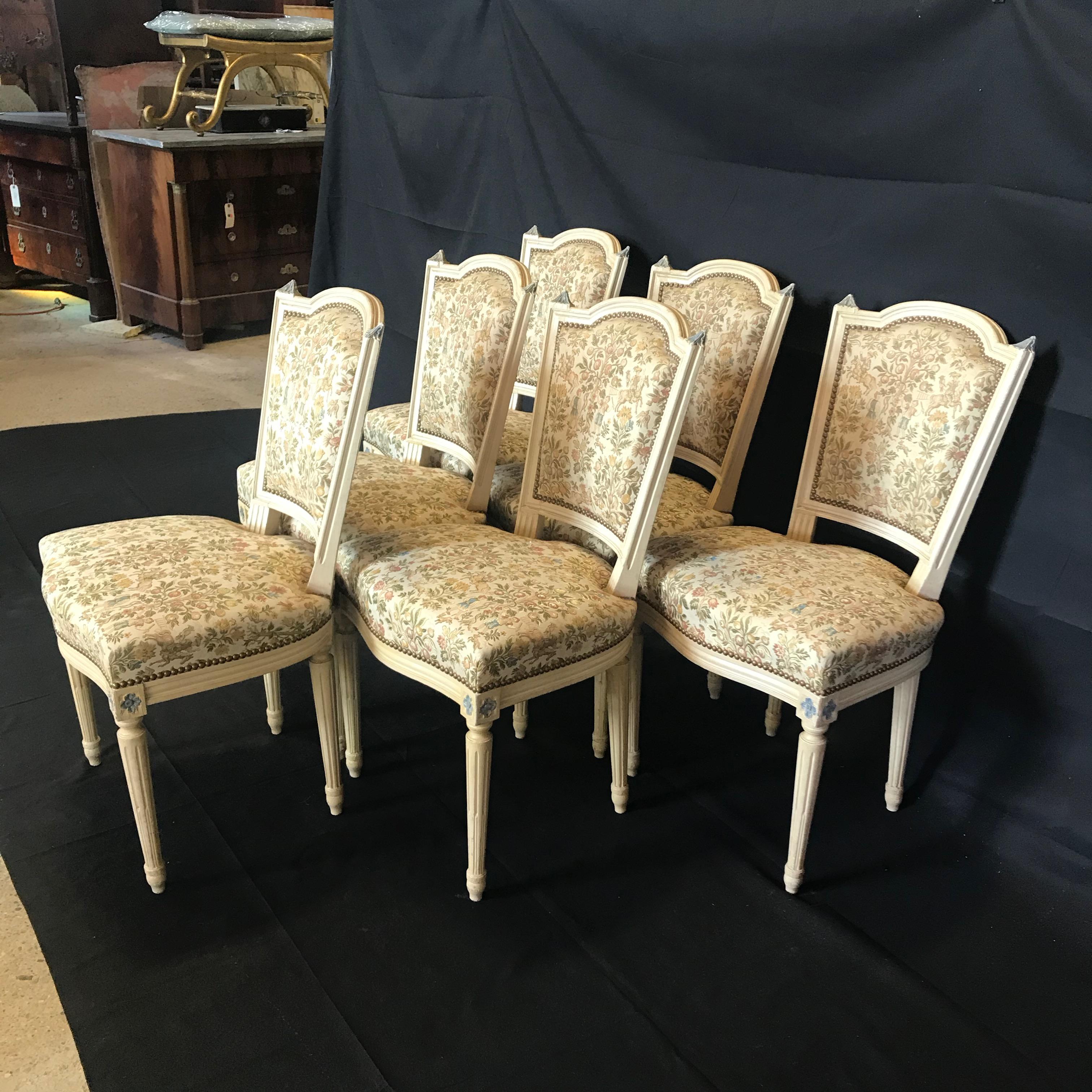 Painted Elegant Set of Six Louis XVI Dining Chairs with Exquisite Tapestry