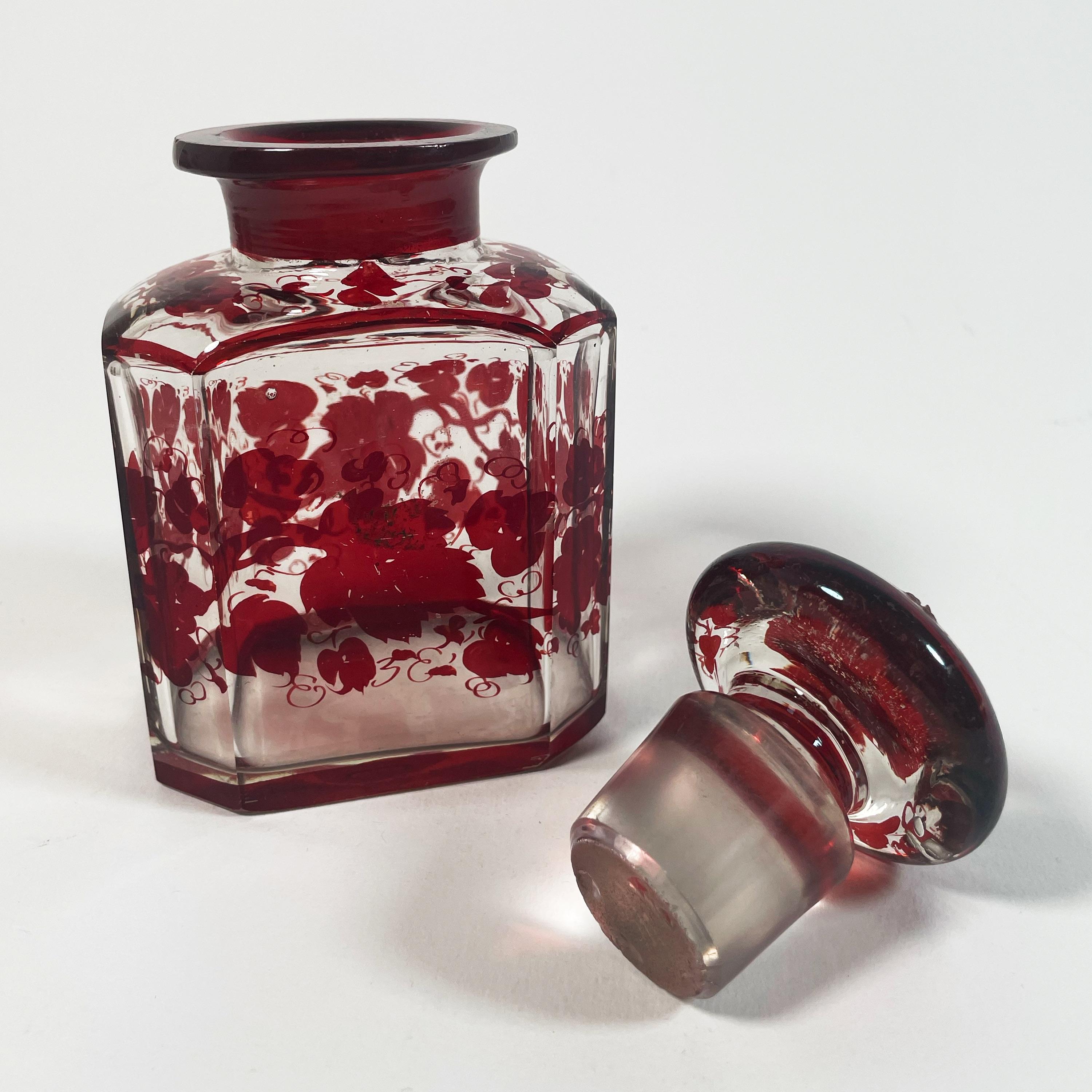Elegant Set of Three 1940s Red Glass Bottles with Applied Relief Decoration For Sale 5