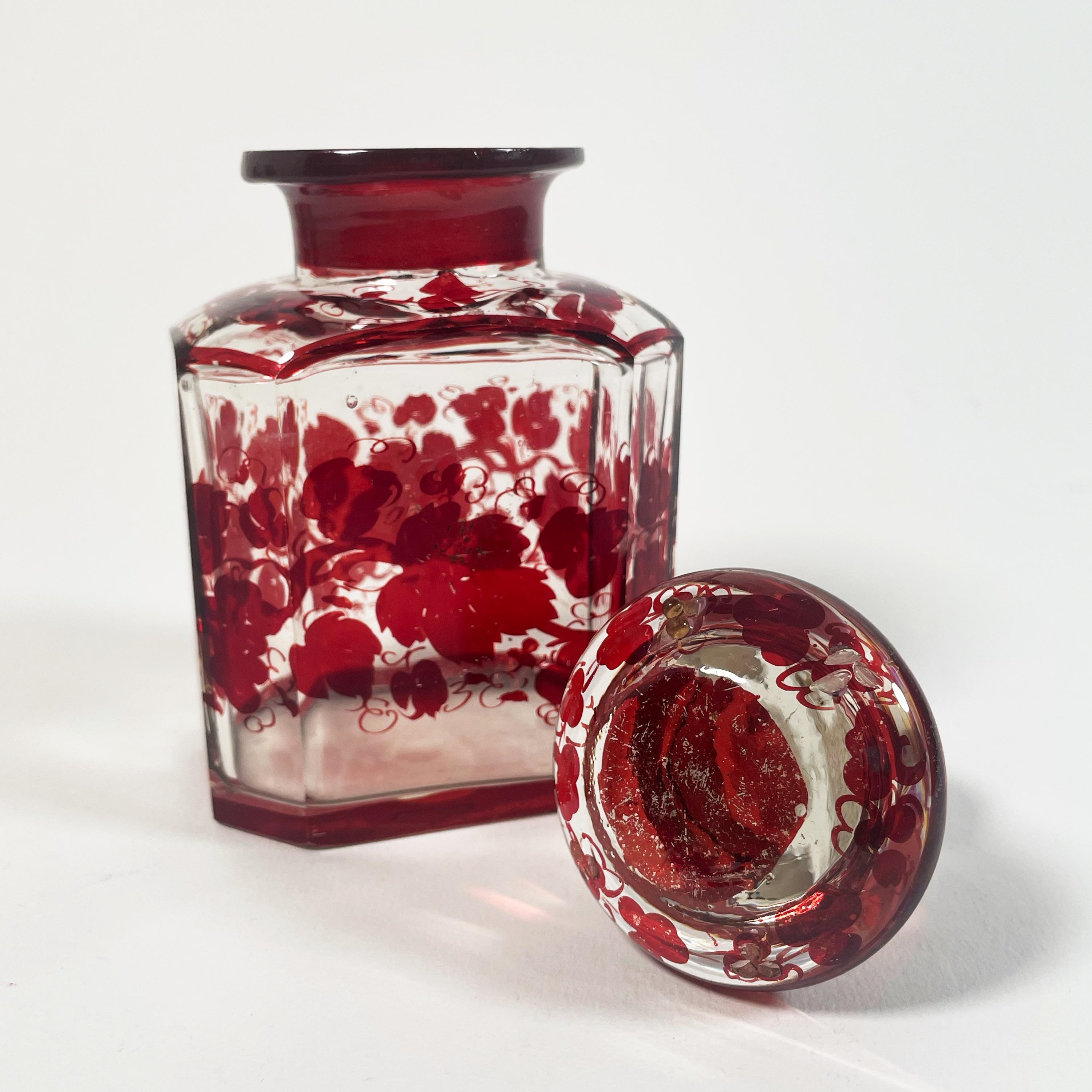 Elegant Set of Three 1940s Red Glass Bottles with Applied Relief Decoration For Sale 6