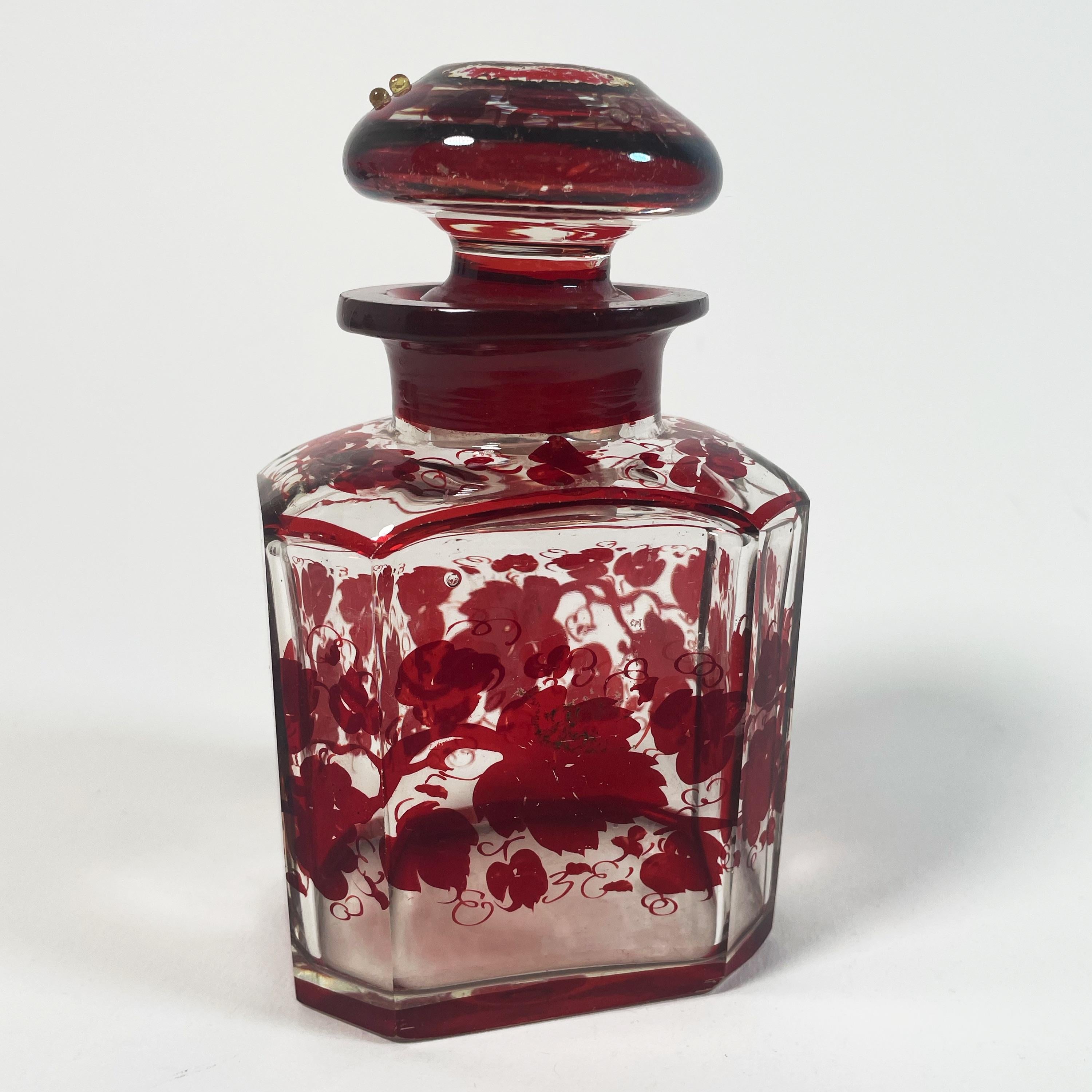 Elegant Set of Three 1940s Red Glass Bottles with Applied Relief Decoration For Sale 7