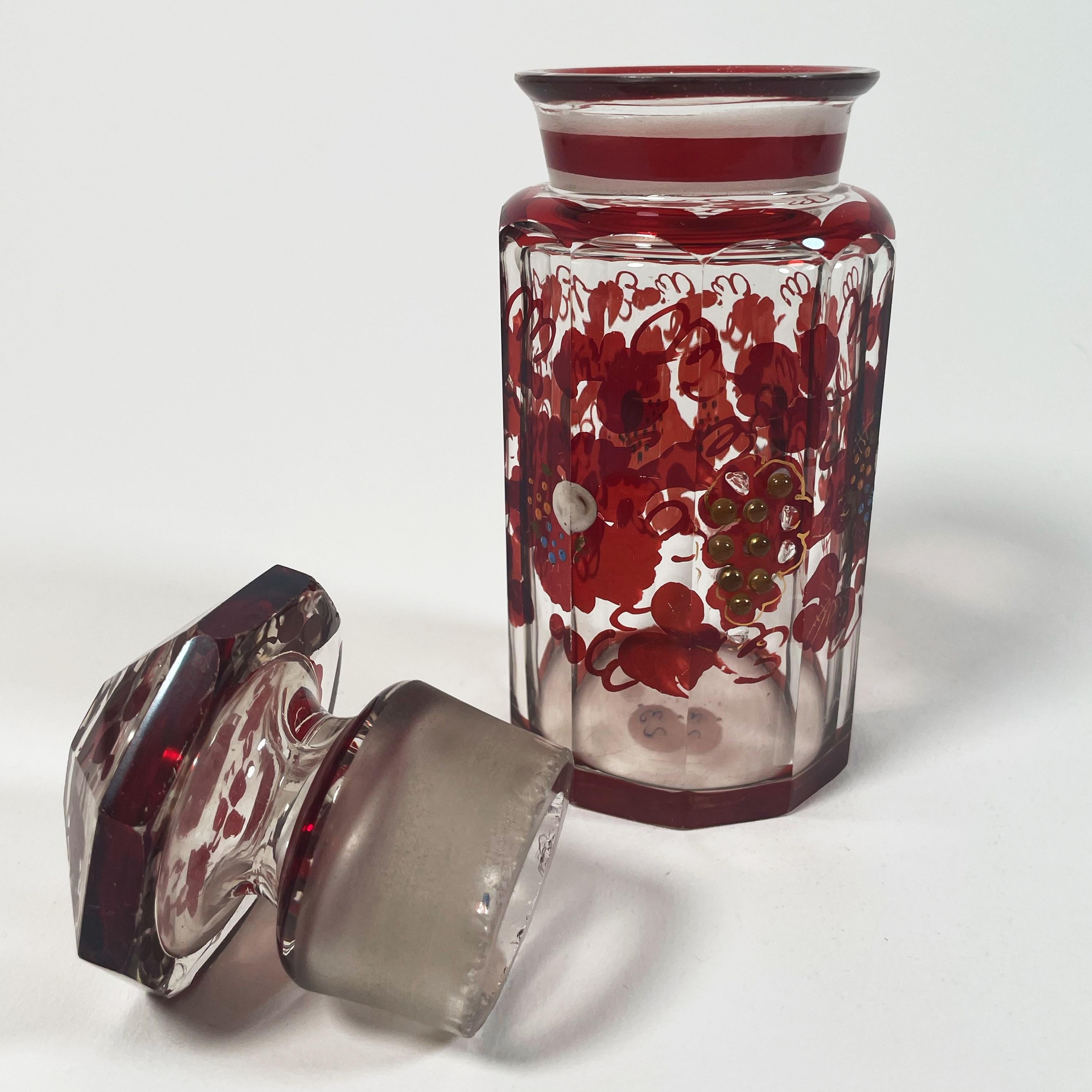 Elegant Set of Three 1940s Red Glass Bottles with Applied Relief Decoration For Sale 3