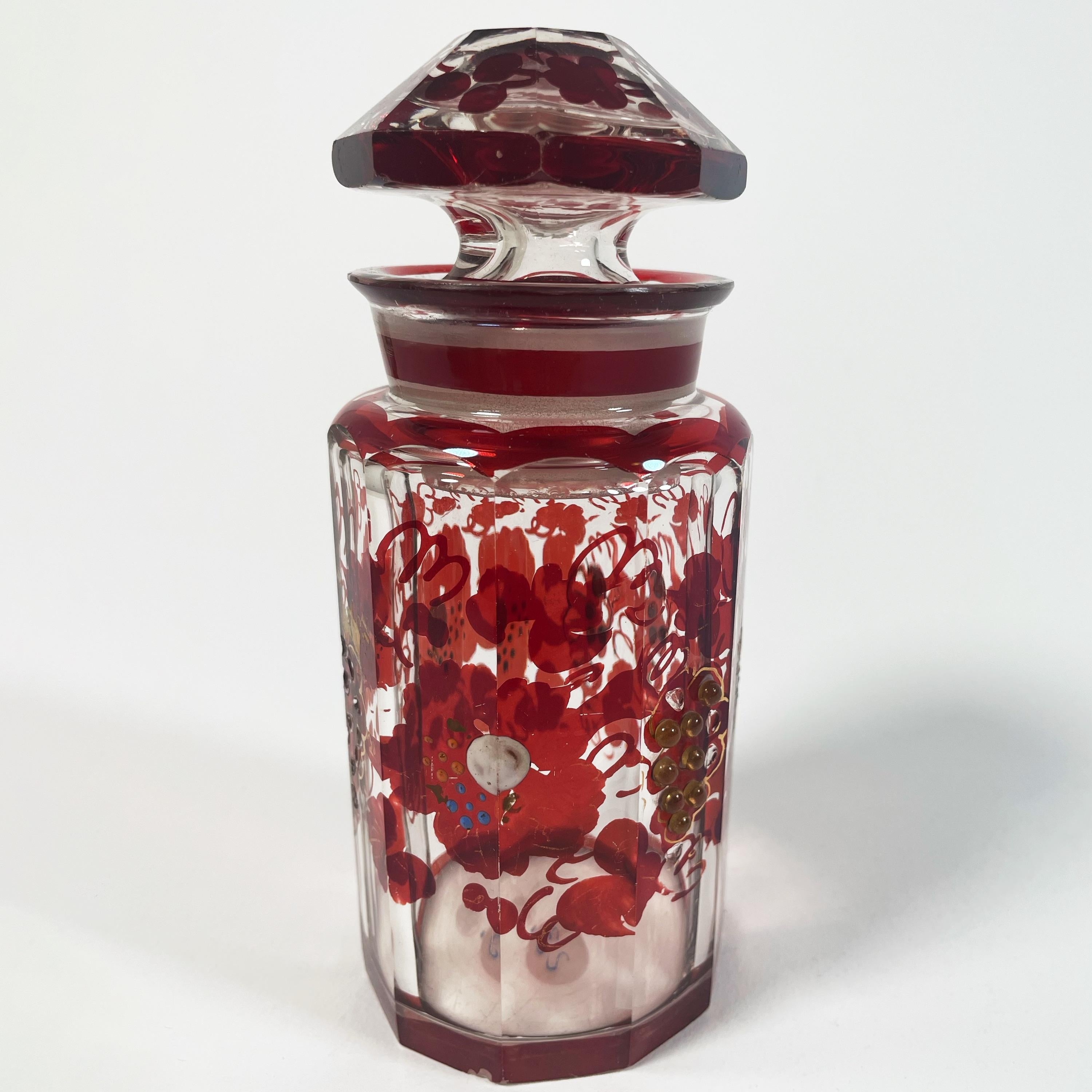 Elegant Set of Three 1940s Red Glass Bottles with Applied Relief Decoration For Sale 4