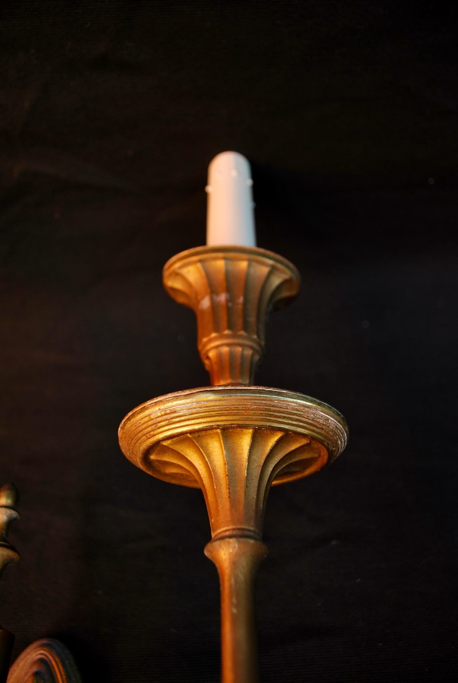 Elegant Set of Three Large 1920s Brass Sconces In Good Condition In Los Angeles, CA