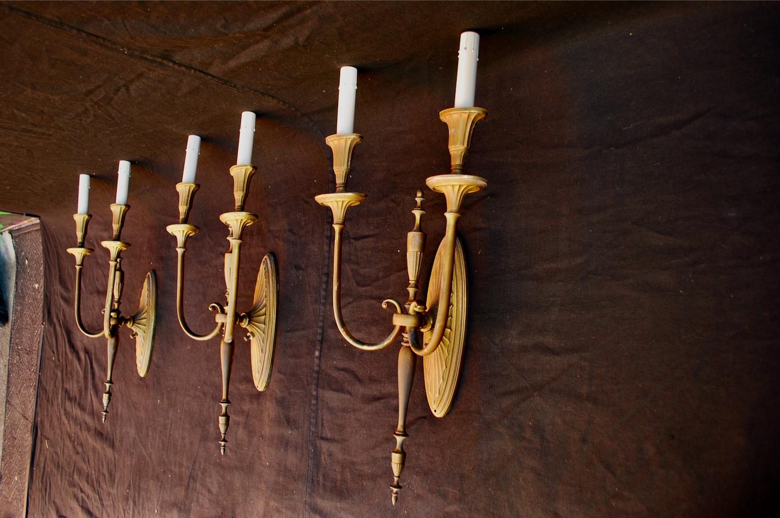 Elegant Set of Three Large 1920s Brass Sconces 1