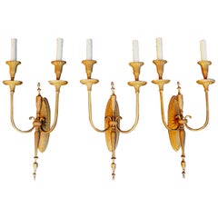 Elegant Set of Three Large 1920s Brass Sconces