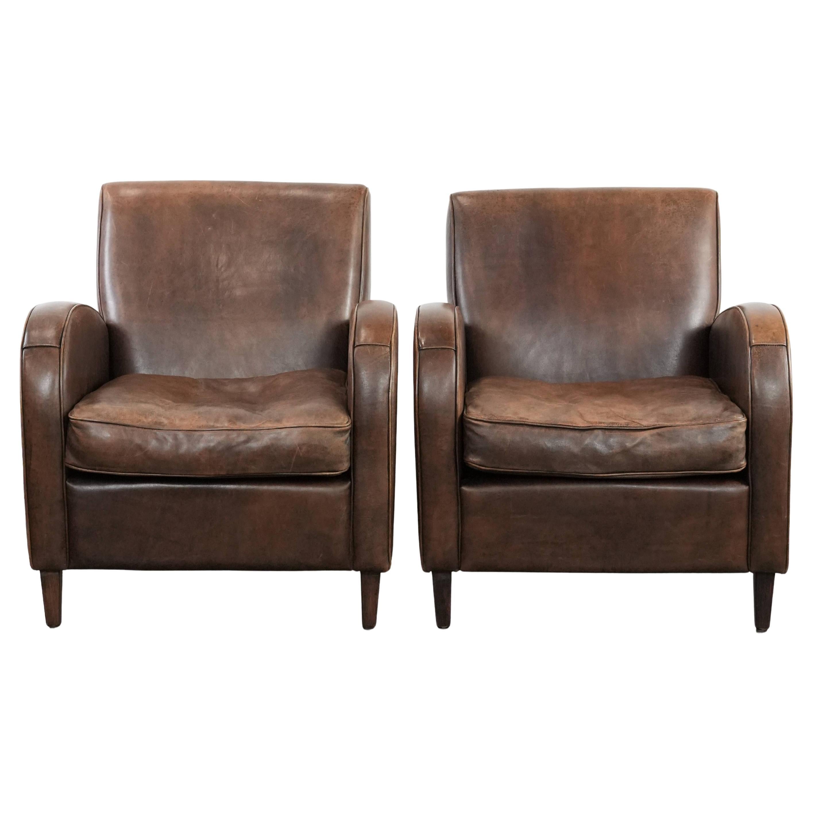 Elegant set of two sheepskin leather armchairs with beautiful round shapes