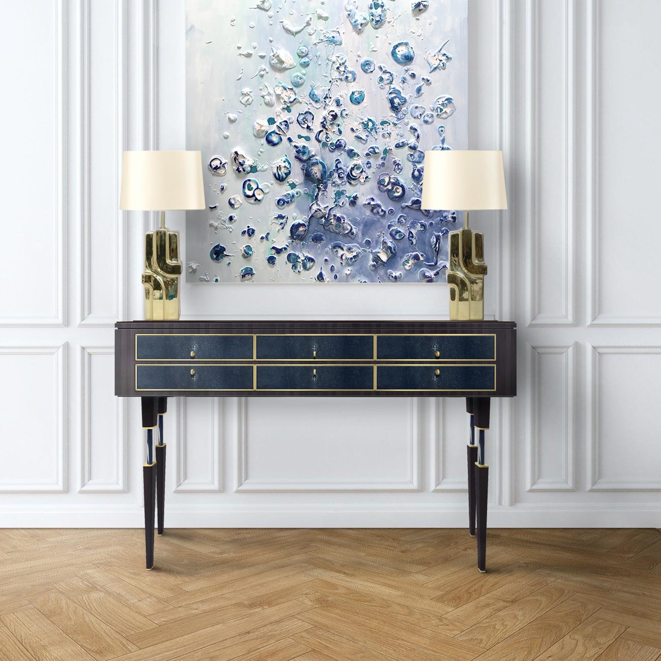 Modern Elegant Shagreen leather and walnut wood Console Table For Sale