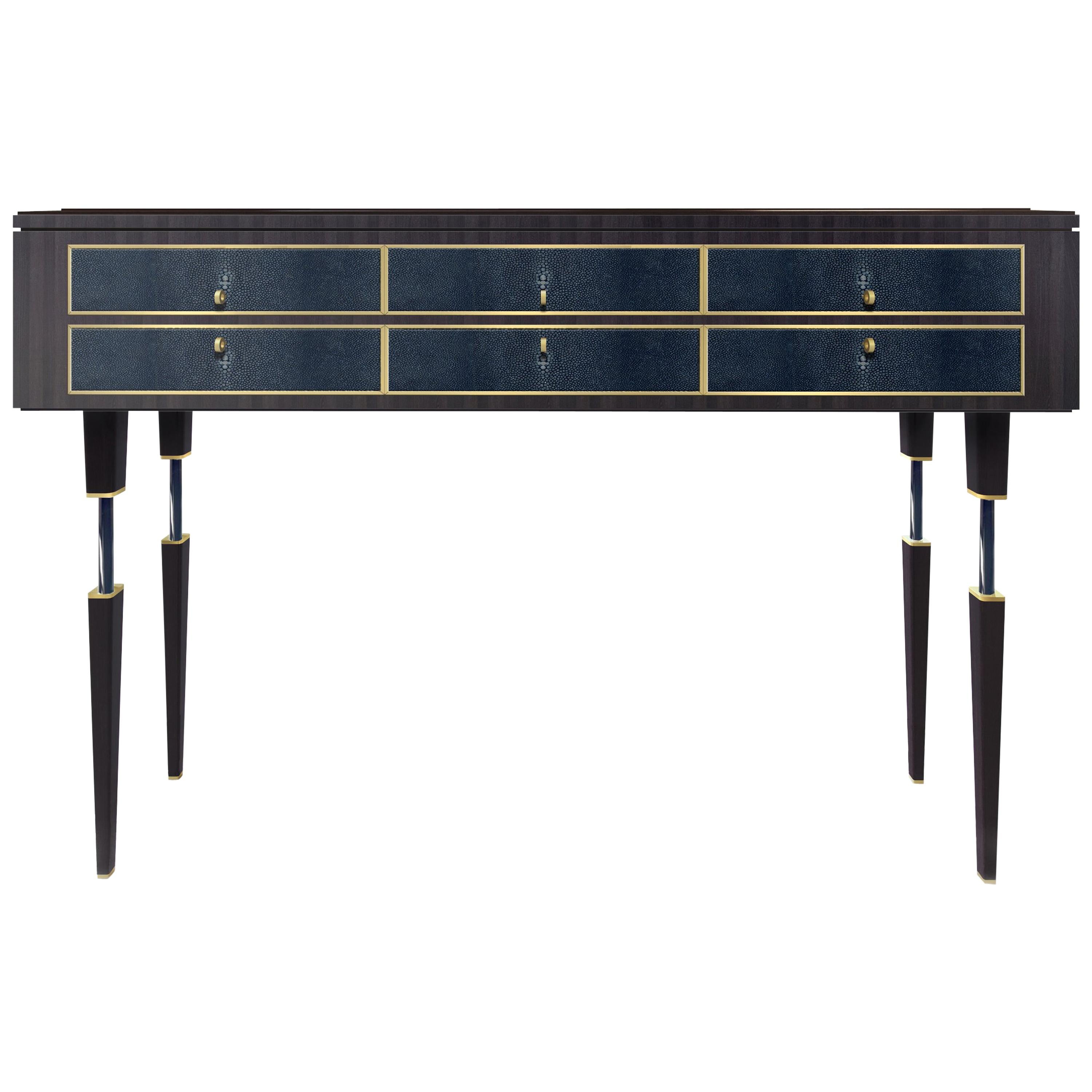 Elegant Shagreen leather and walnut wood Console Table For Sale