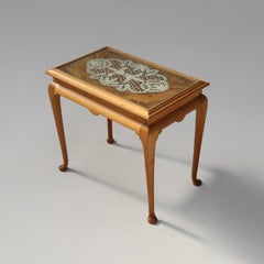 Elegant side table in beech wood with lace inlay and glass top, France 1950s