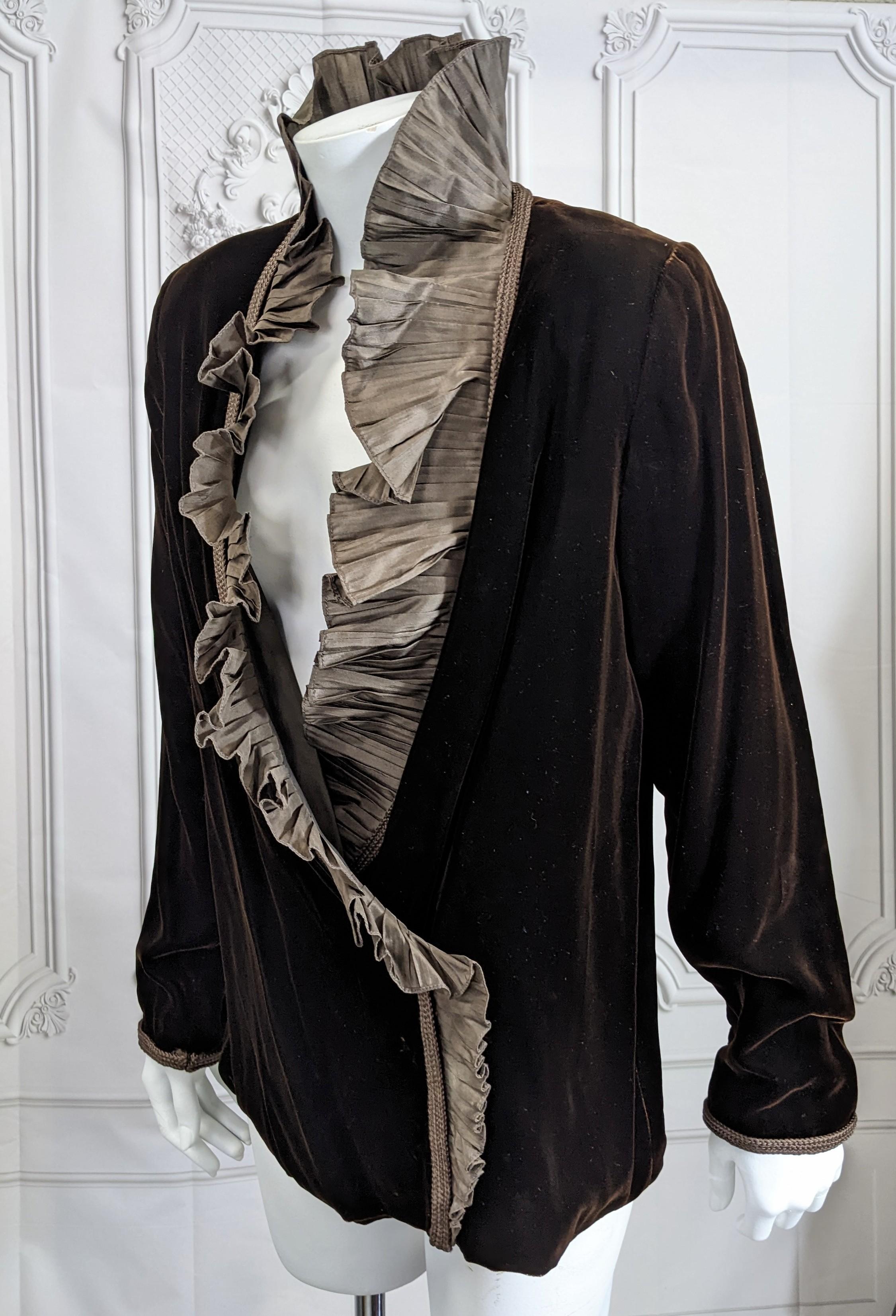 Black Elegant Silk Taffeta Ruffled Velvet Jacket For Sale