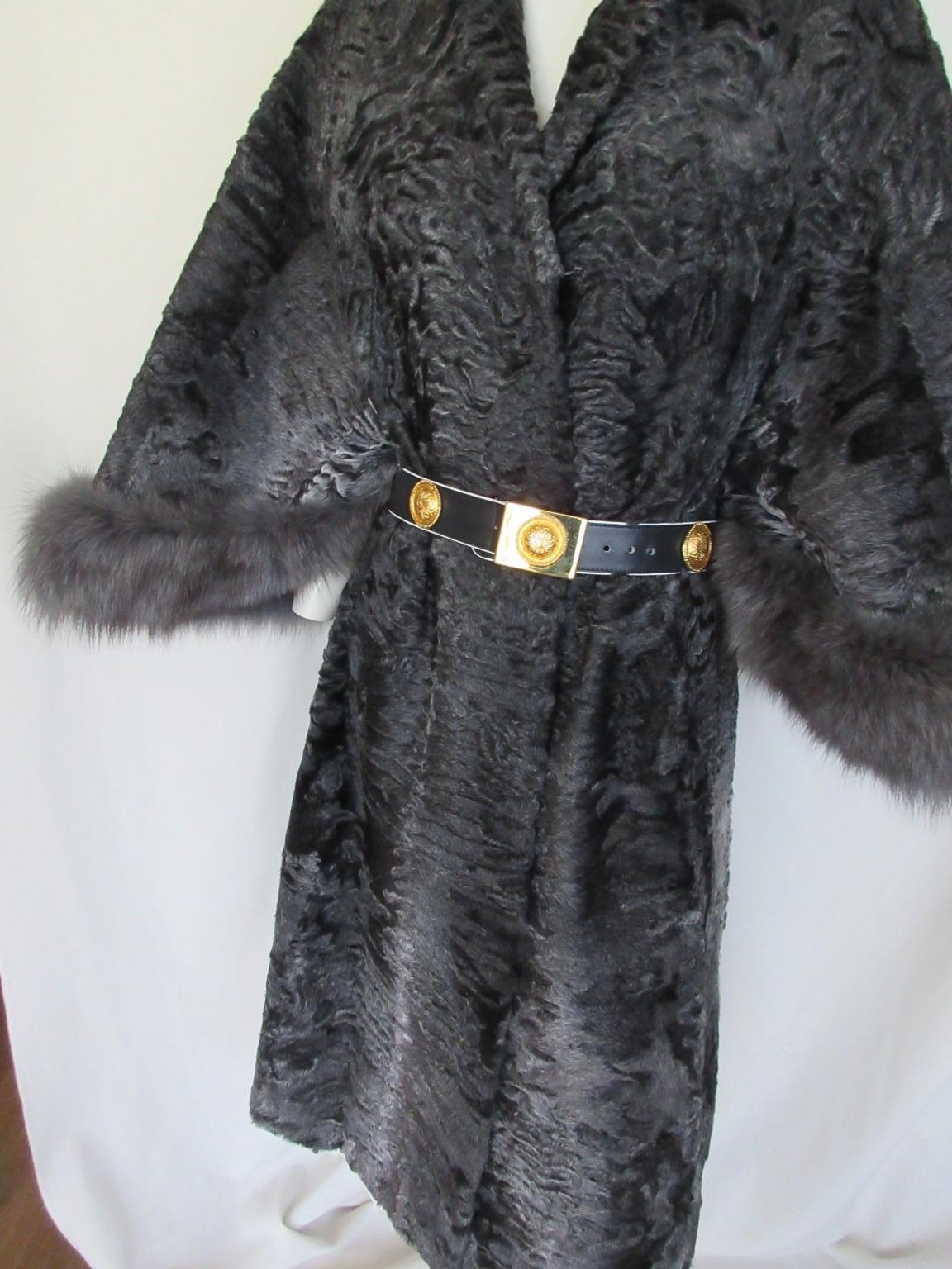 Elegant Silver Grey Persian Lamb Fur Cape Coat with Fox Fur For Sale 7