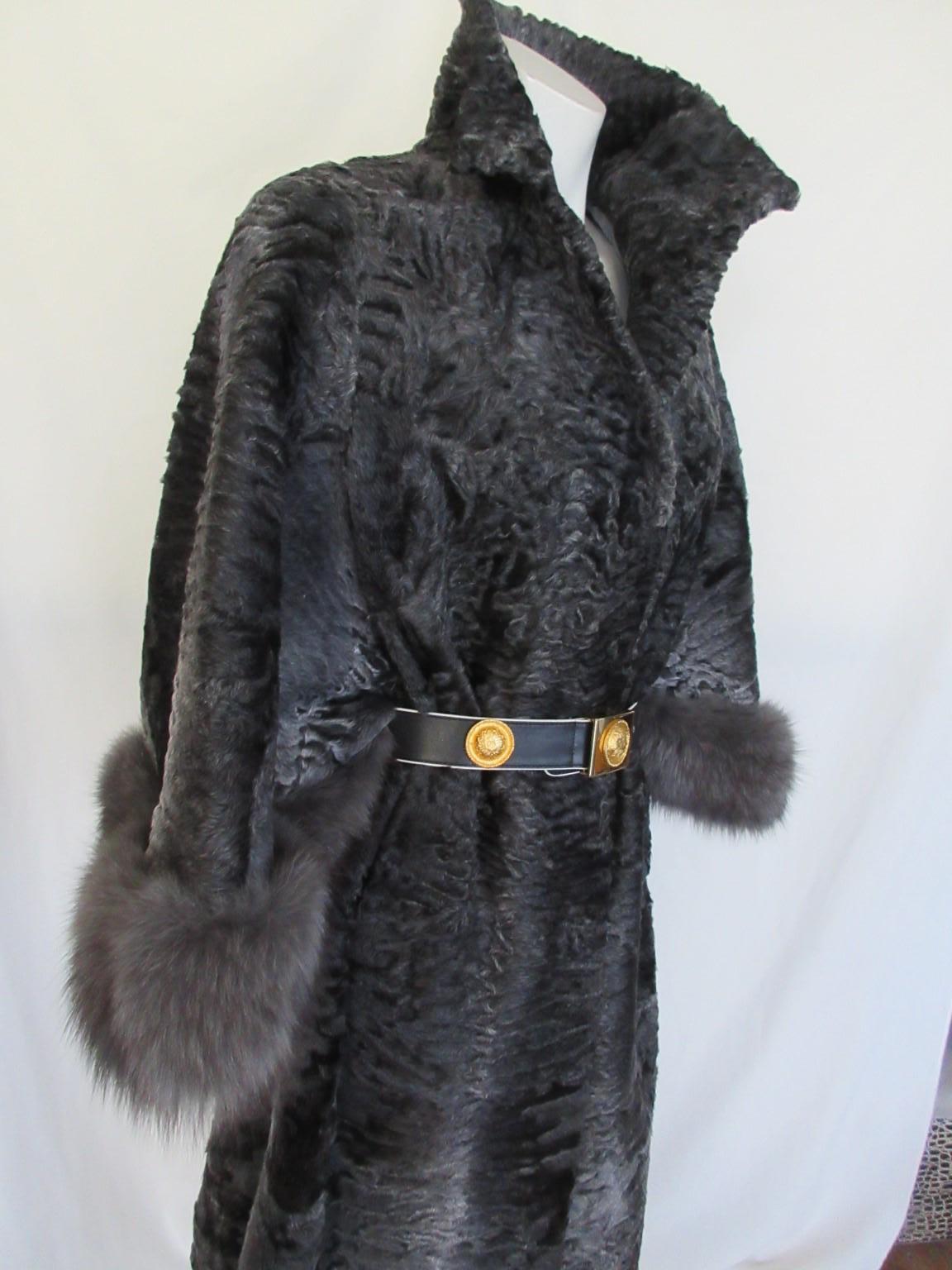 Elegant Silver Grey Persian Lamb Fur Cape Coat with Fox Fur For Sale 8