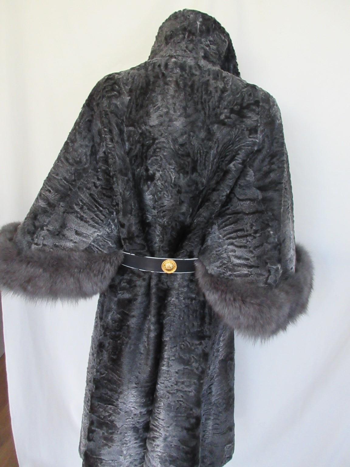 Black Elegant Silver Grey Persian Lamb Fur Cape Coat with Fox Fur For Sale