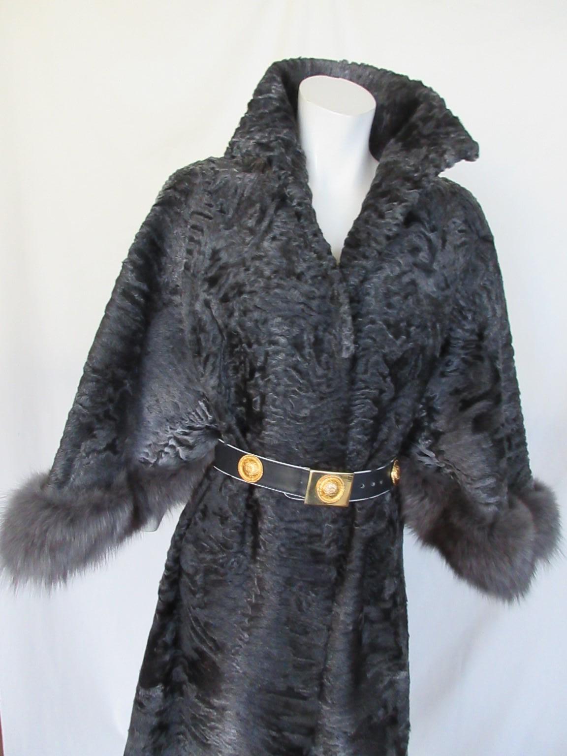 Elegant Silver Grey Persian Lamb Fur Cape Coat with Fox Fur For Sale 2