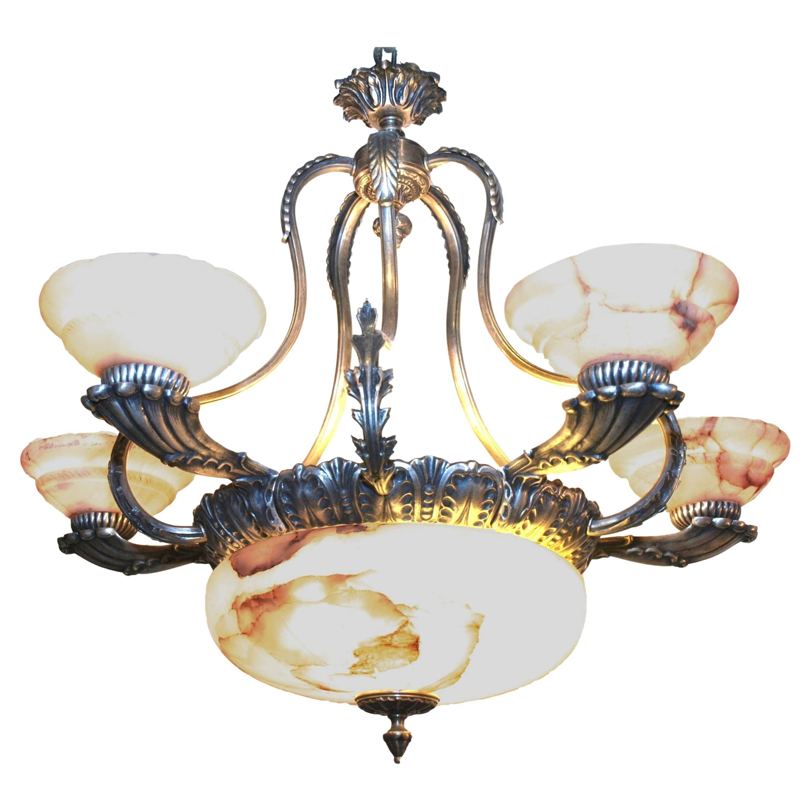 Elegant Silver over Bronze Chandelier with Alabaster Bowl and Shades For Sale