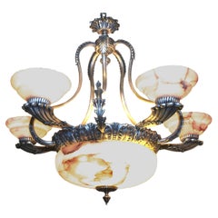 Antique Elegant Silver over Bronze Chandelier with Alabaster Bowl and Shades