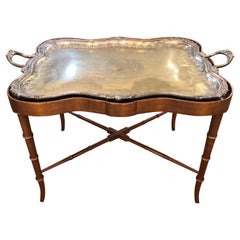 Elegant Silverplate Tray Side or Coffee Table on Custom Faux Bamboo Stand