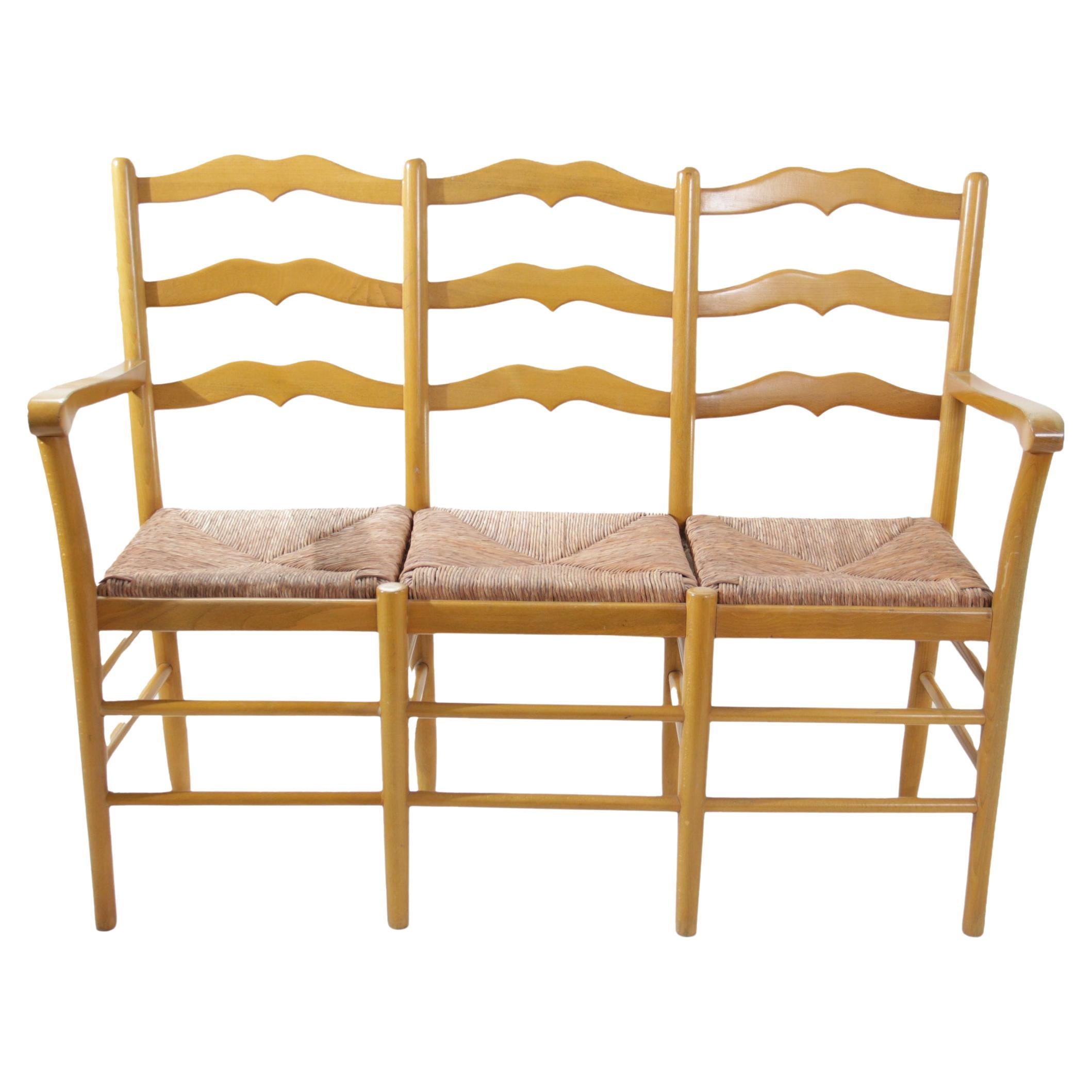 Elegant Simplicity: A Mid-Century Beechwood Three-Seater Bench  Handwoven Rush For Sale