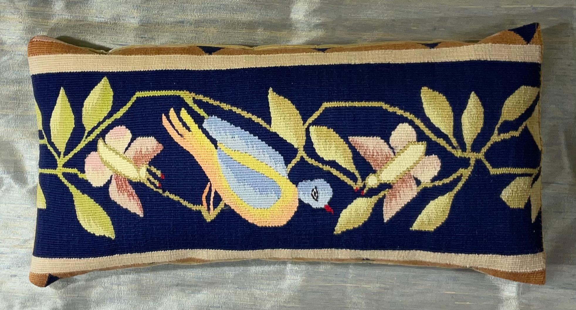 Beautiful pillow made of hand woven quality European tapestry fragment textile, great  texture, geometric  floral foliage motifs with nice bird and two butterflies look on the front .
Silk backing , and fresh insert.
Exceptional decorative piece for