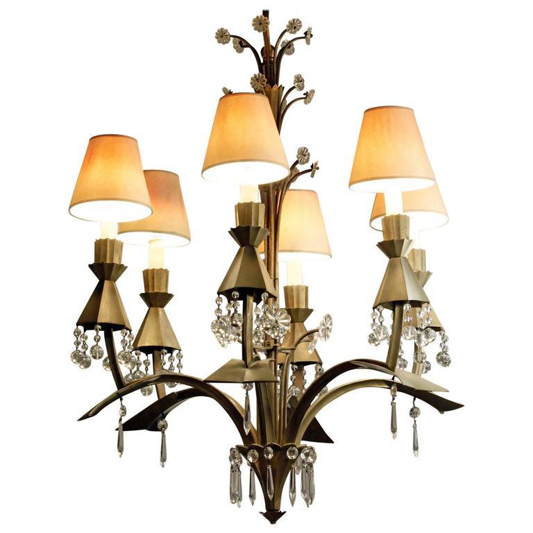 American Elegant Six-Arm Bronze Chandelier with Crystal Decoration, 1940s