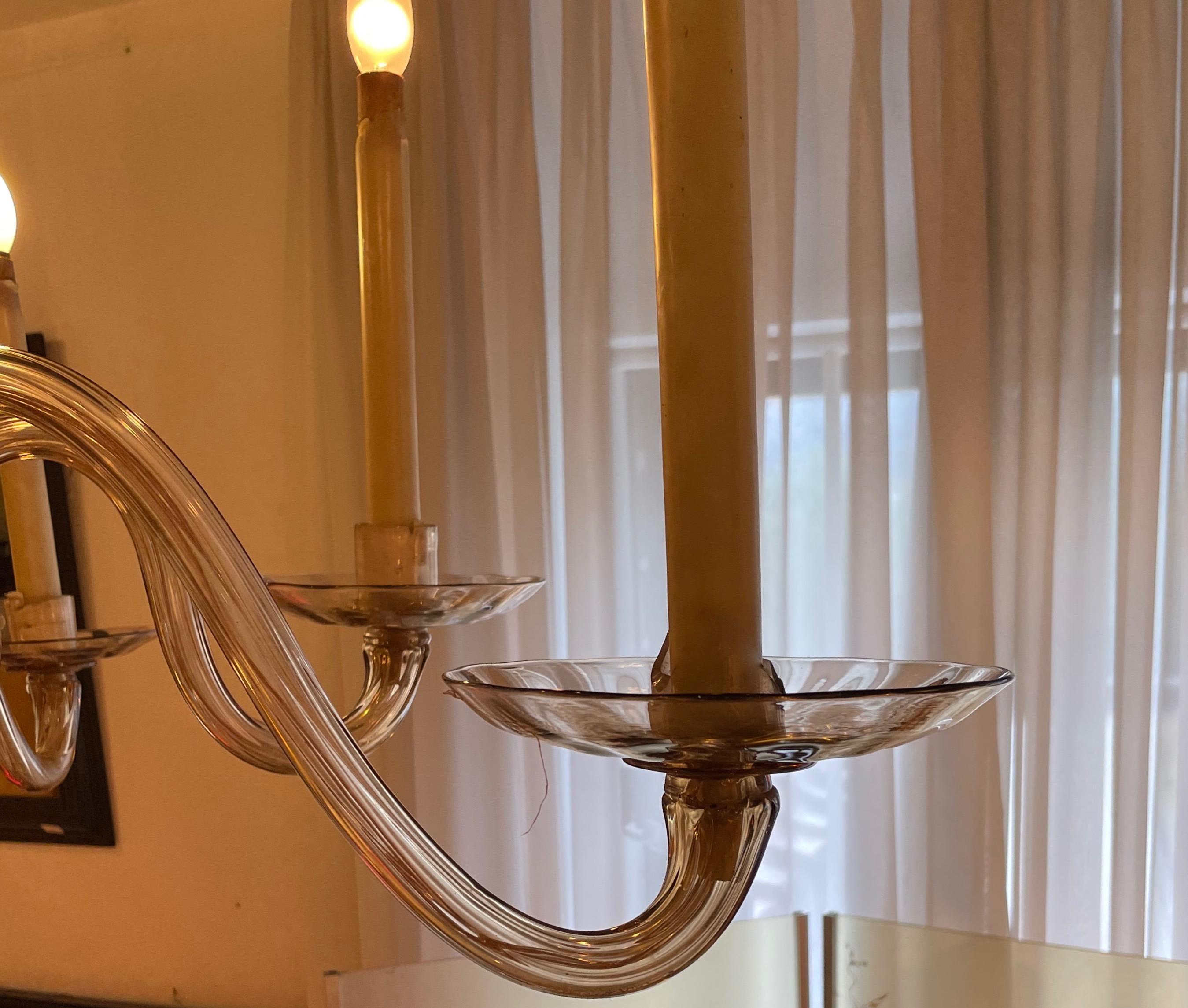 Elegant Six Arms Amber Chandelier by Venini, Italy 1930. For Sale 2