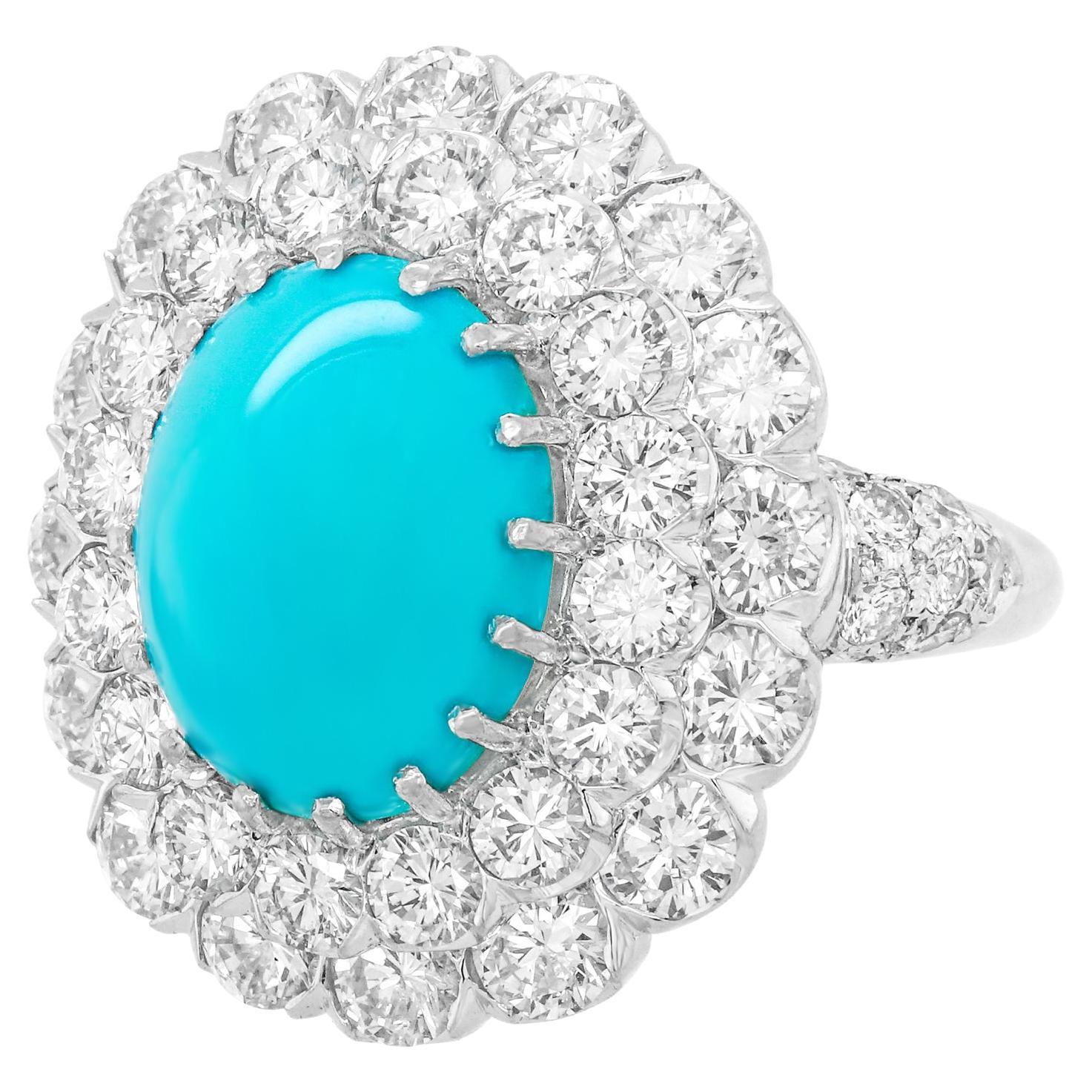 Elegant Sixties Turquoise and Diamond-Set Platinum Ring