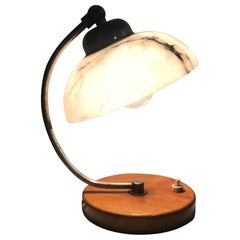 Elegant, Sleek, Simple French Art Deco Alabaster, Nickel and Wood Desk Lamp