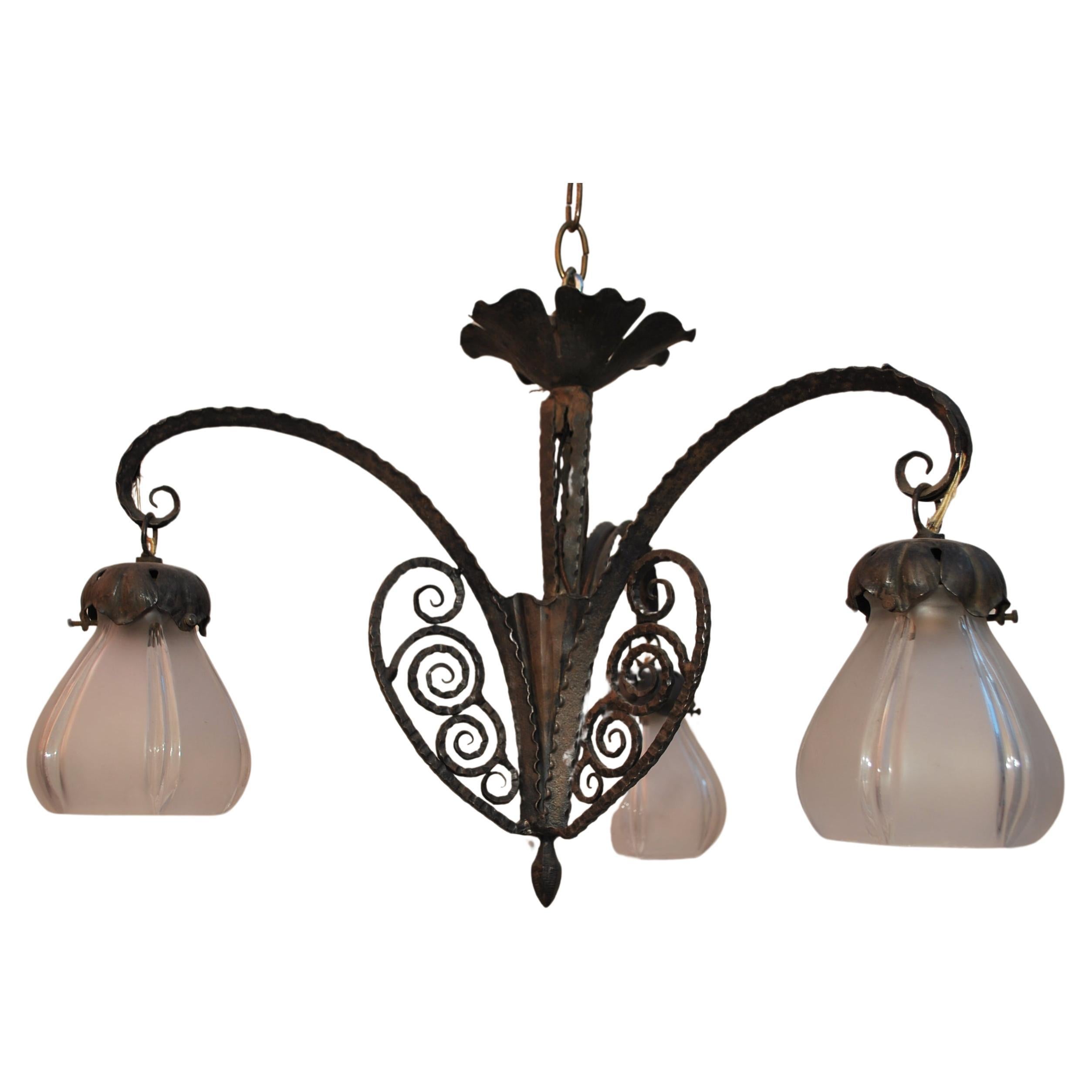 Elegant small 1920's French wrought iron chandelier For Sale