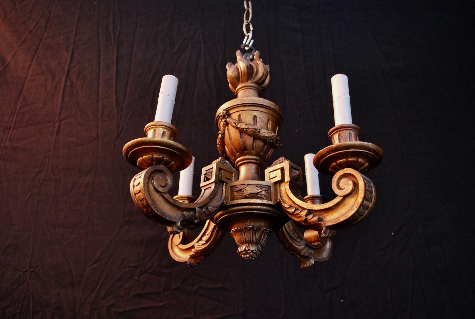 Carved Elegant Small French Wood Chandelier
