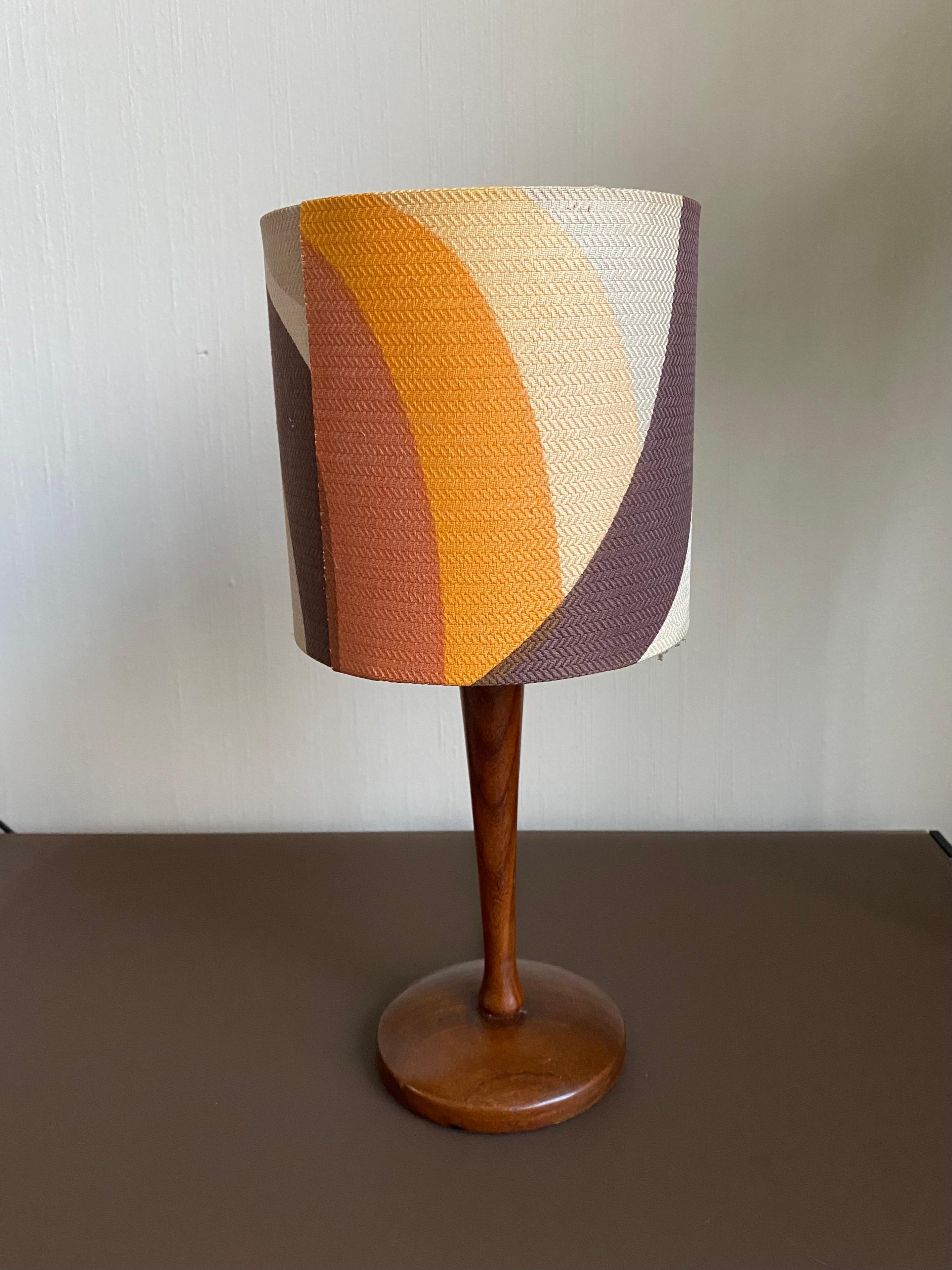 Gorgeous Elegant Table Lamp with beautiful warm colored shade and very nice teak base. The piece remains in very good condition for it’s age and show’s slight wear to the shade. Original wiring.