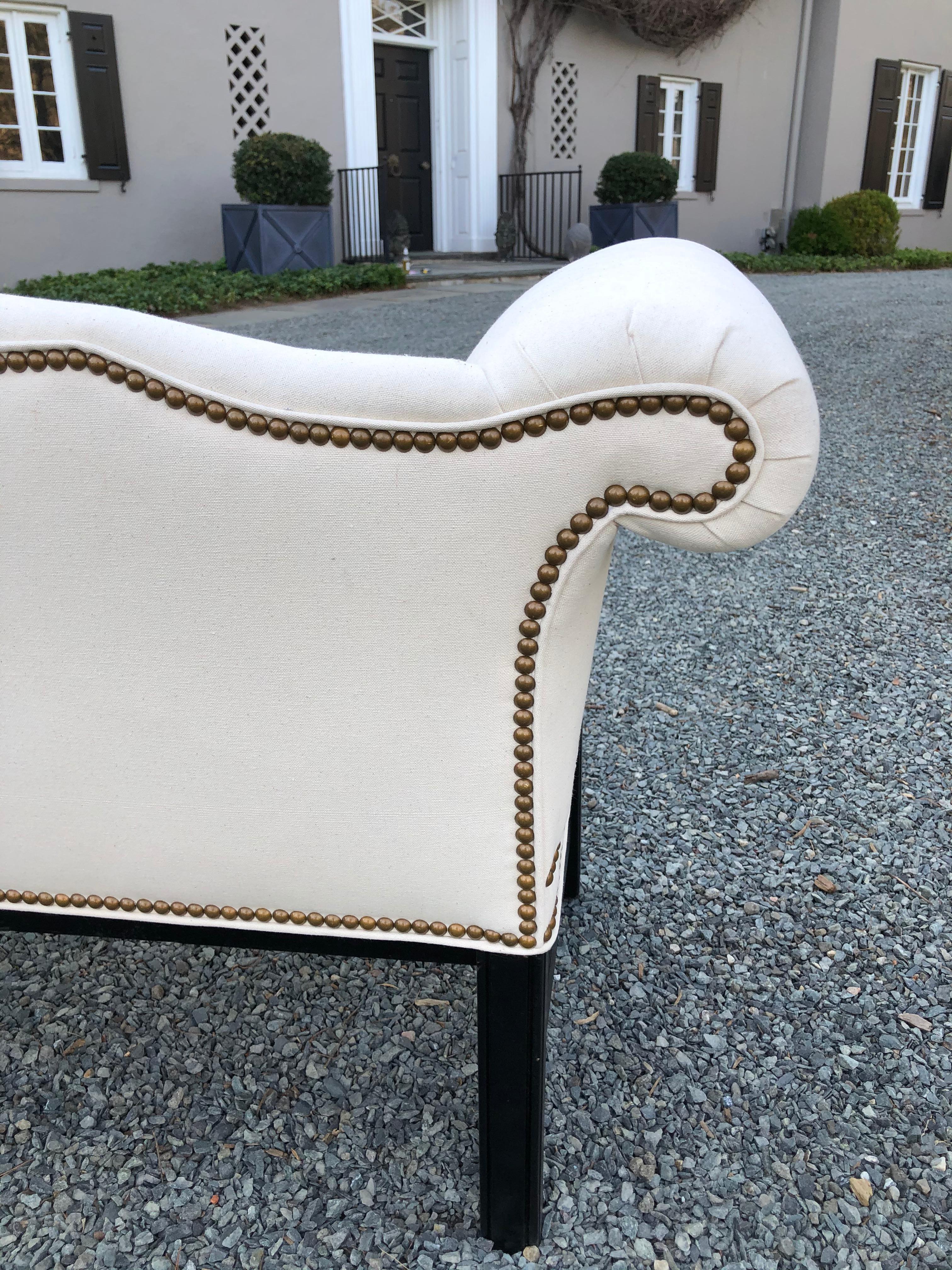 North American Elegant Small White Camelback Loveseat with Nailheads