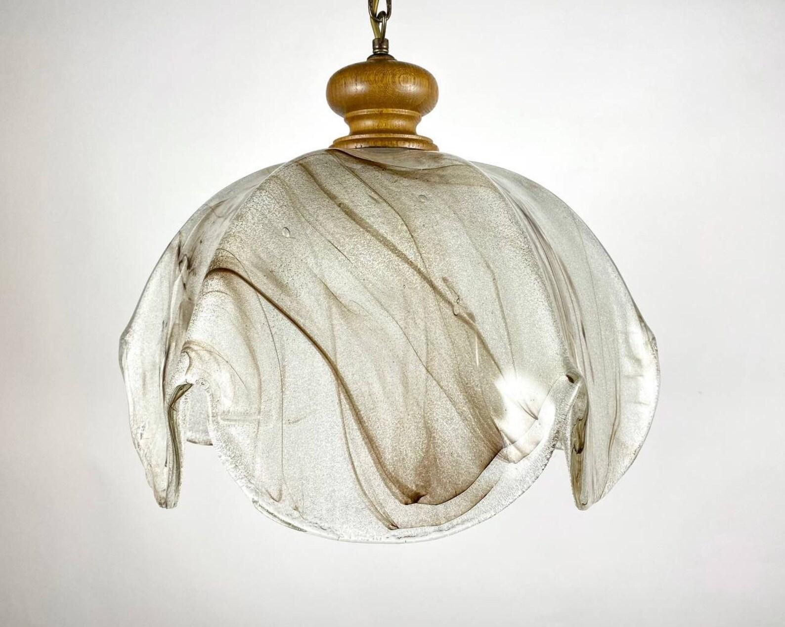 Mid-Century Modern Elegant Smooth Glass And Wooden Chandelier For One Light, Vintage  For Sale