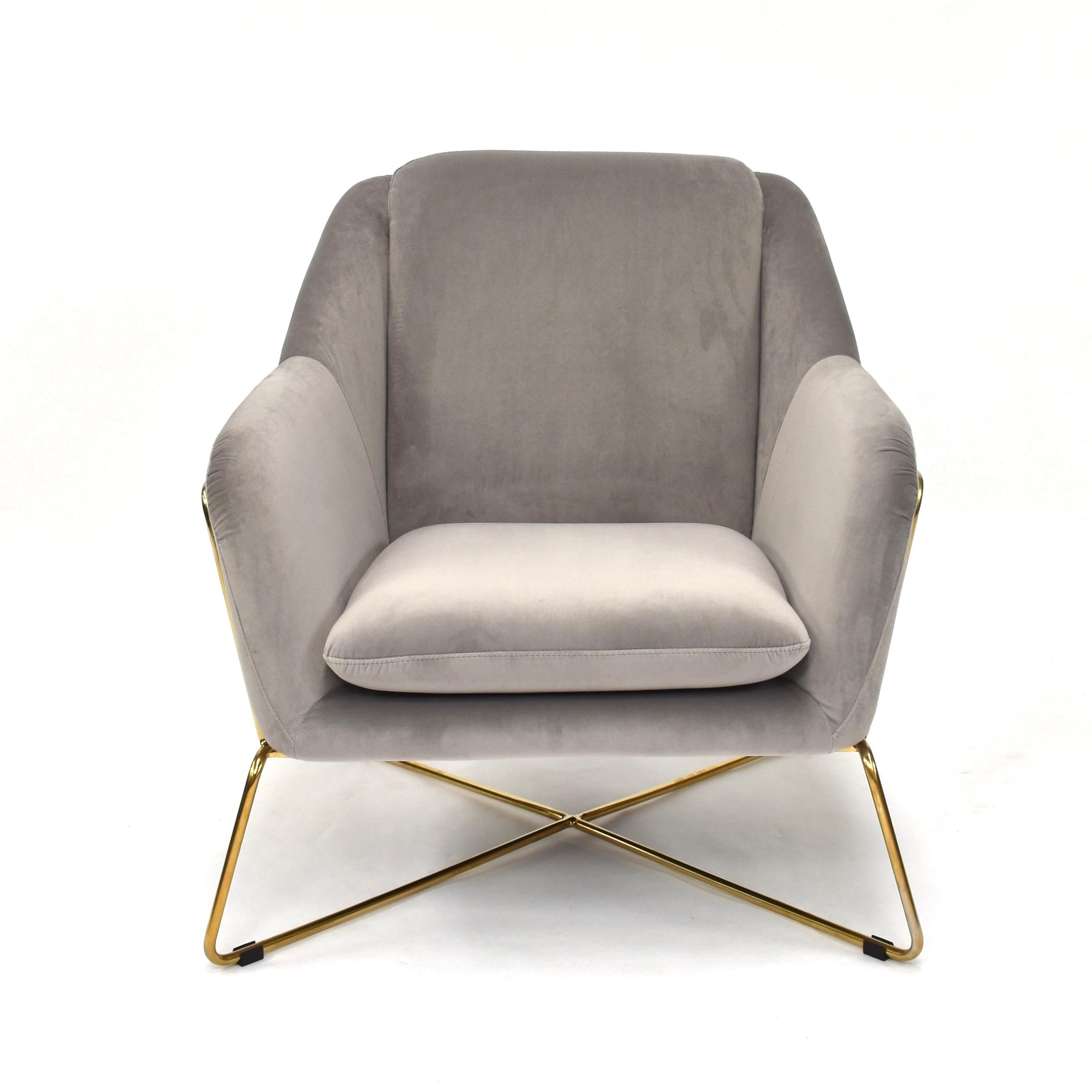 Mid-Century Modern Elegant SOHO Lounge Chair in Velvet and Gold, 21st Century For Sale