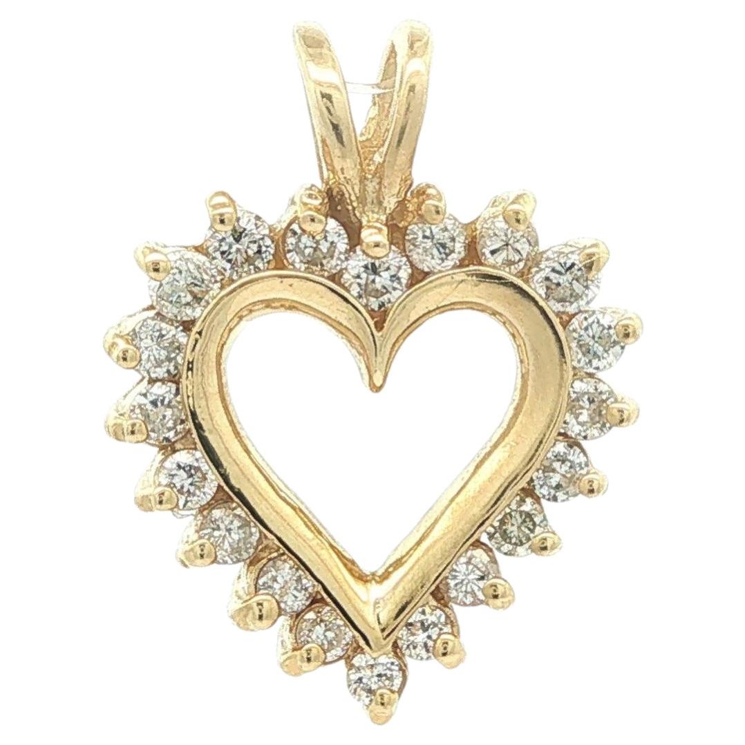 Elegant Solid 14k Yellow Gold .40ctw Round Diamond Open Heart Pendant Charm For Sale