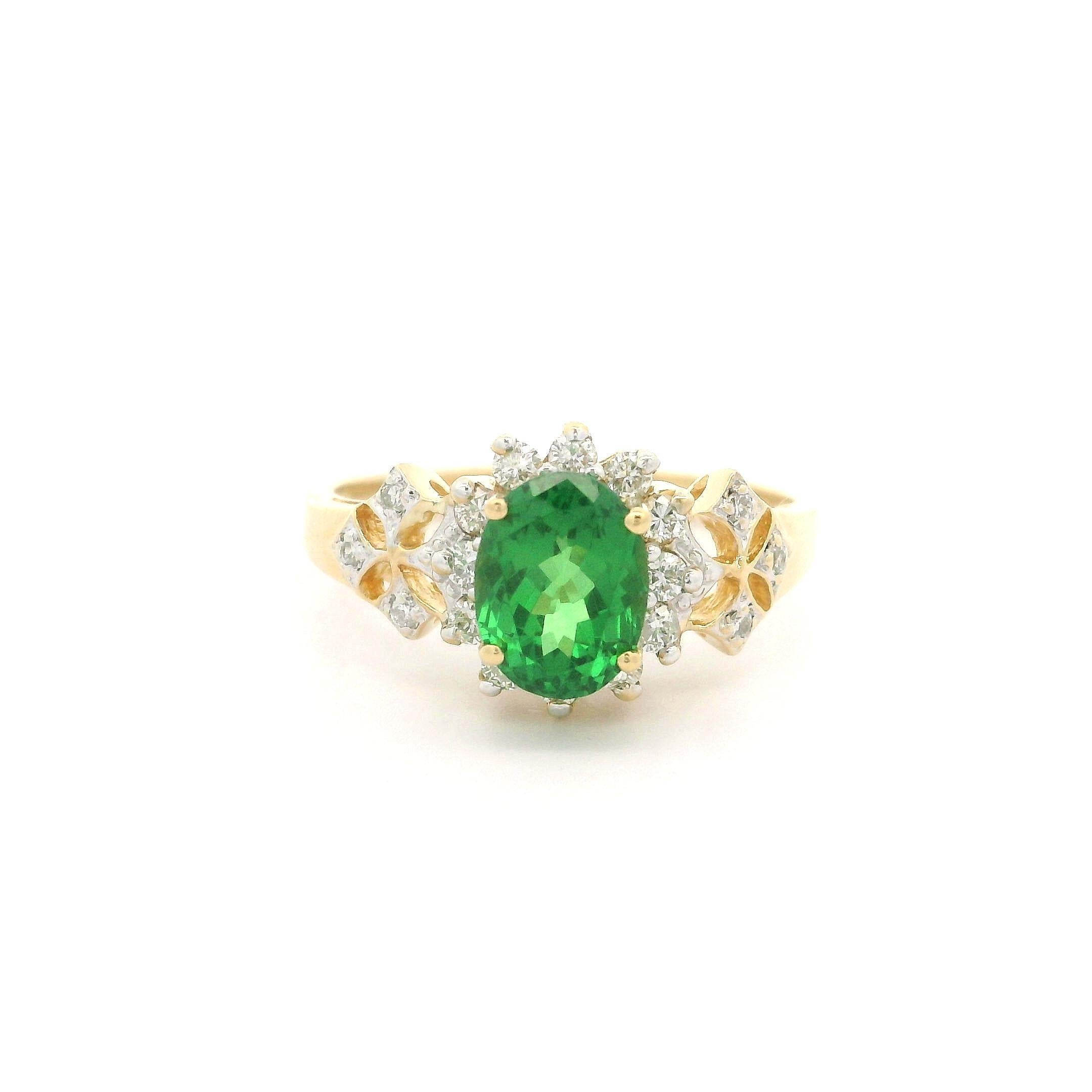 Elegant Massiv 18k Gelbgold 1,60ctw Oval Vivid Tsavorite & Diamant Blumen Ring im Angebot 5