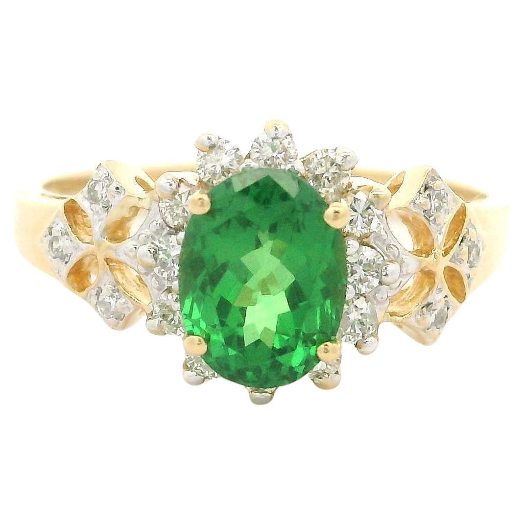 Elegance bague florale en or jaune 18 carats 1.60ctw Oval Vivid Tsavorite & Diamond