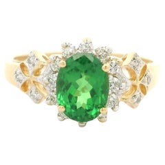 Elegante Anillo Floral de Oro Amarillo Macizo de 18k de 1,60ctw de Tsavorita Vívida Ovalada y Diamante