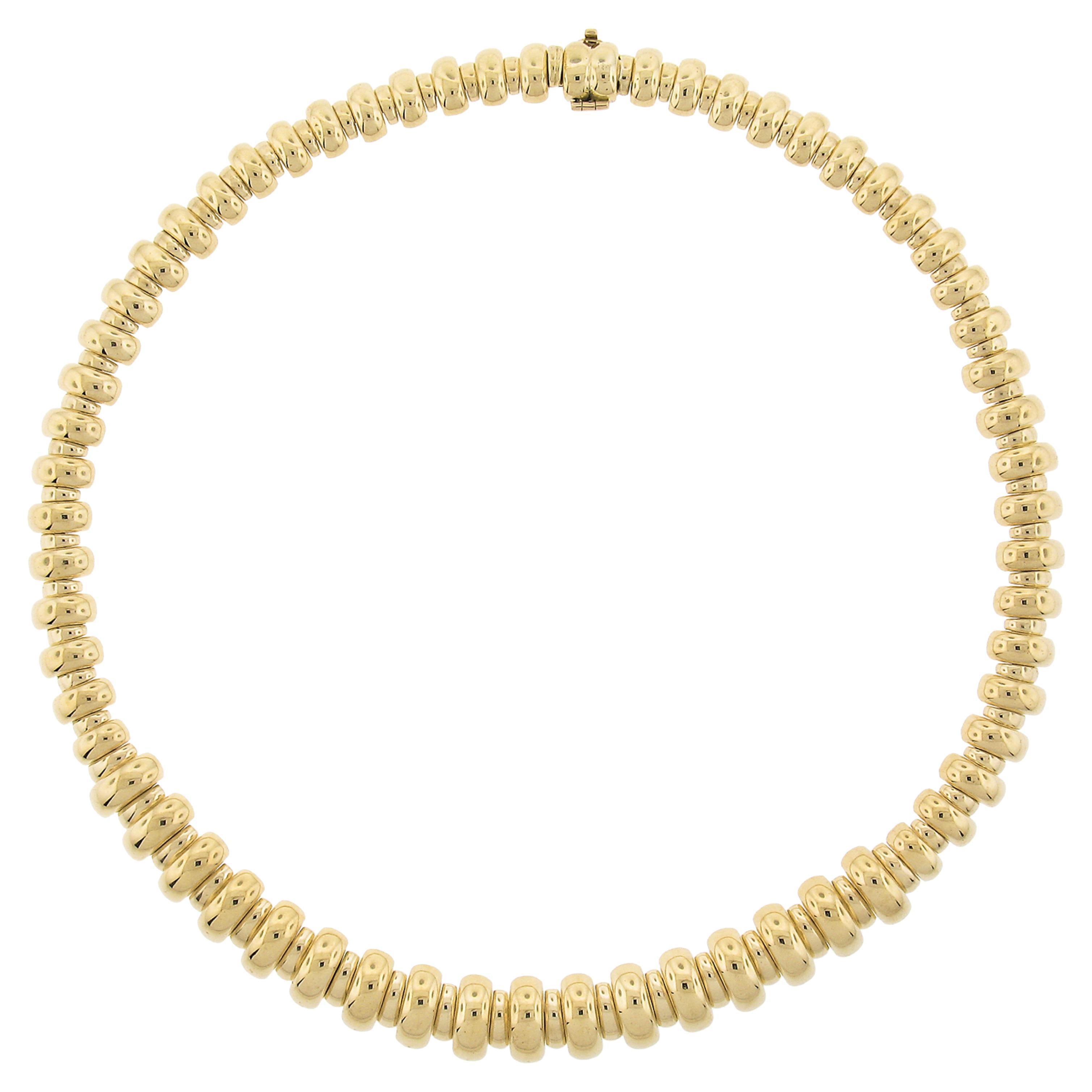 Elegant Solid 18k Yellow Gold Polished Finish Graduated Domed Bar Necklace For Sale